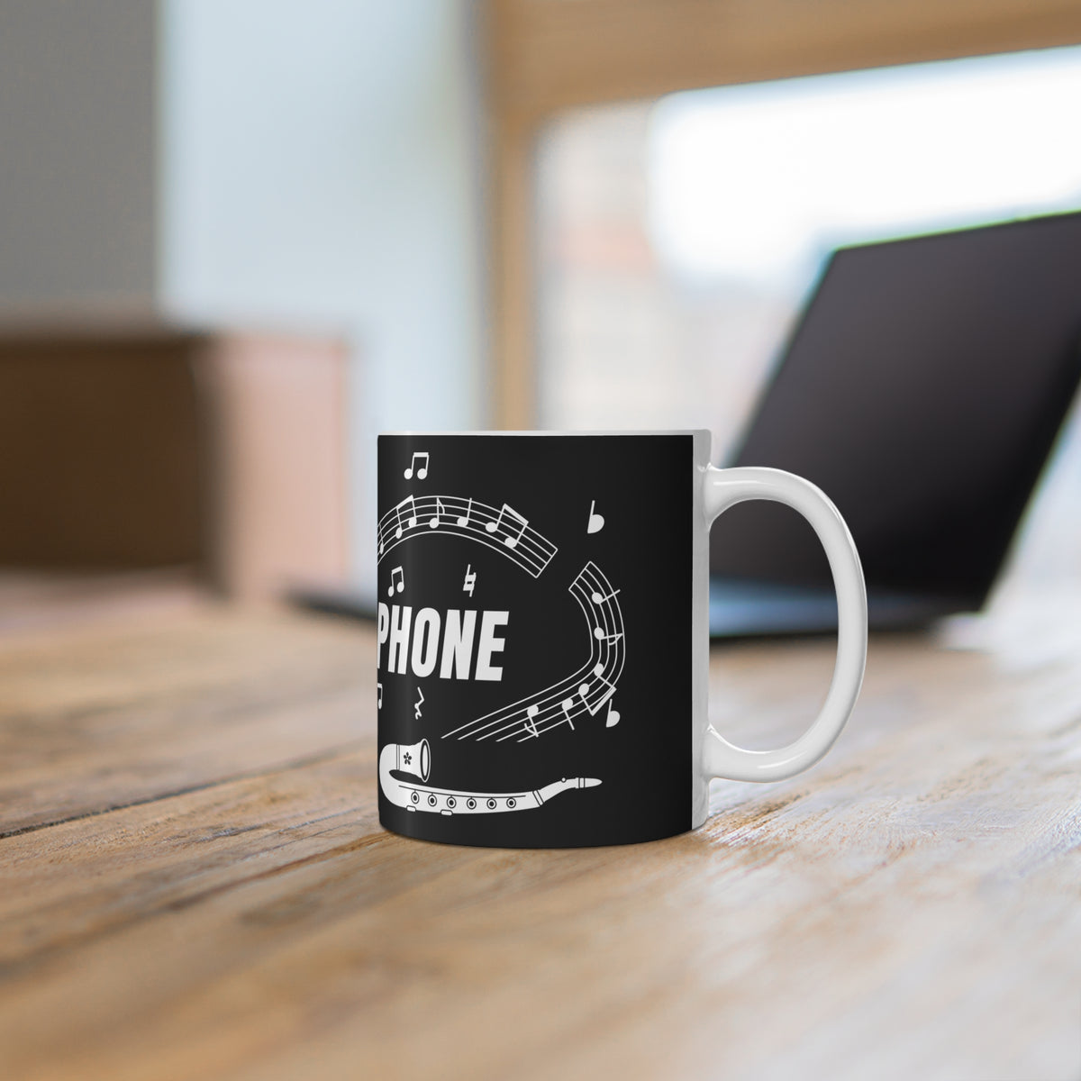 Music-themed Ceramic Mug, 11oz, 15oz: 'I love saxophone' - black & white