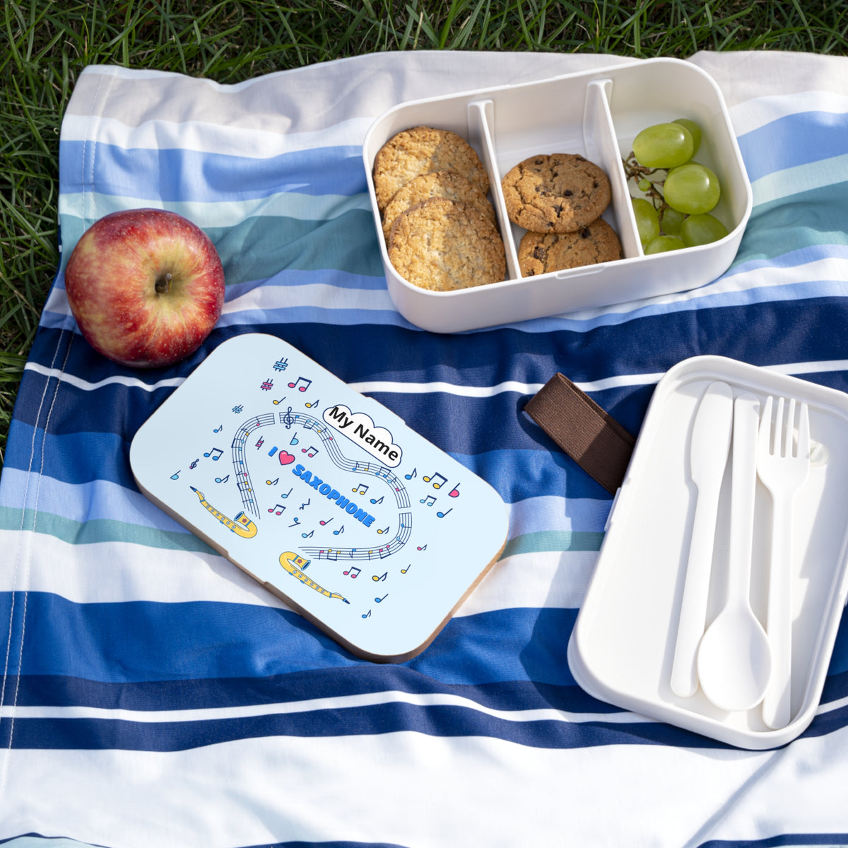 Music-themed Bento Lunch Box: 'I love saxophone' - blue