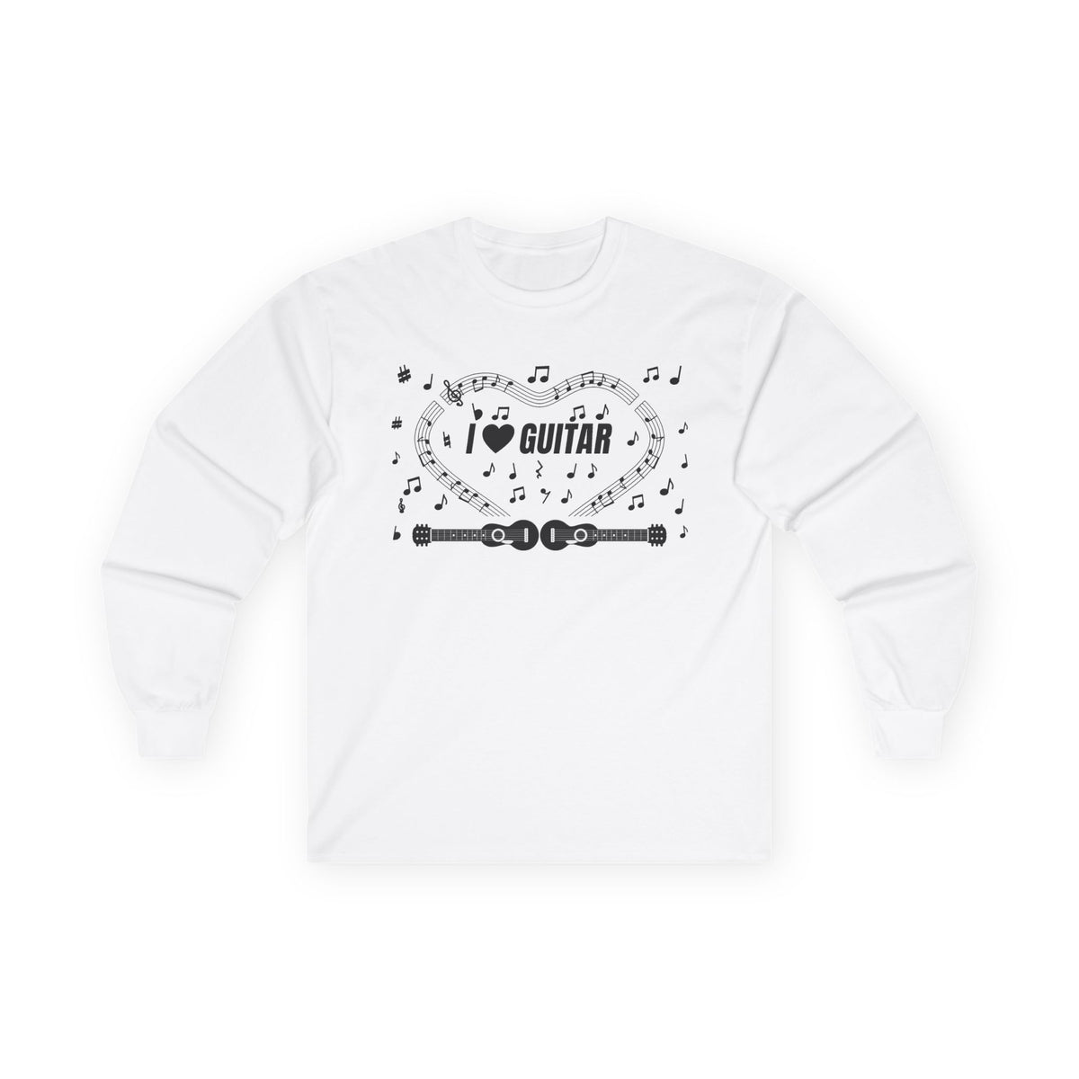 Music-themed Unisex Ultra Cotton Long Sleeve Tee: 'I love guitar' - black on white