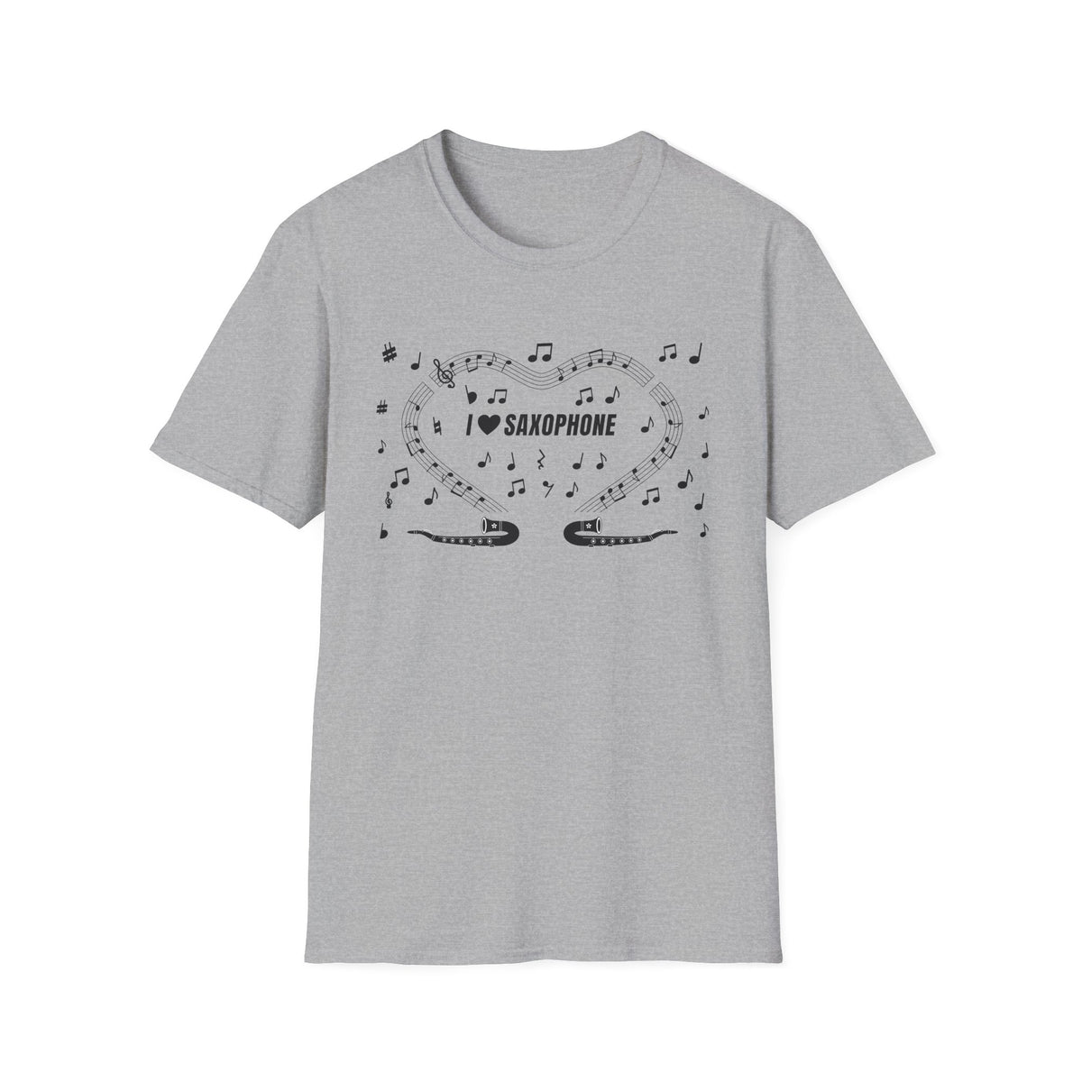 Music-themed Unisex Softstyle T-Shirt: 'I love saxophone' - black on white