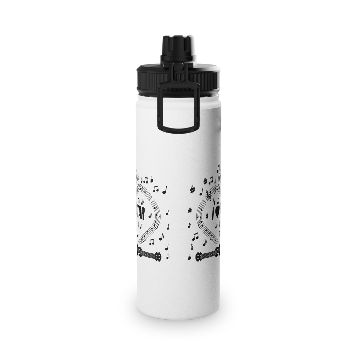 Music-themed Stainless Steel Water Bottle, Sports Lid: 'I love guitar' - black on white