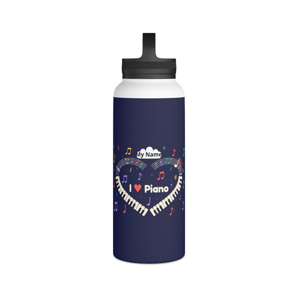 Music-themed Stainless Steel Water Bottle, Handle Lid: 'I love piano' heart - navy