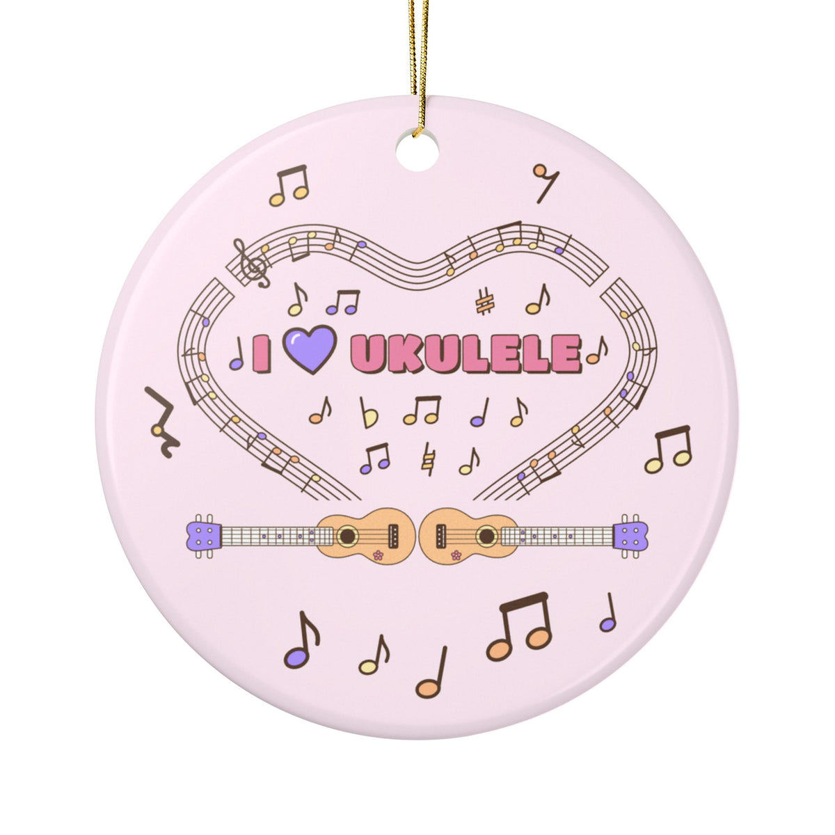 Music-themed Ceramic Ornaments, 2-Side Print: 'I love ukulele' - pink