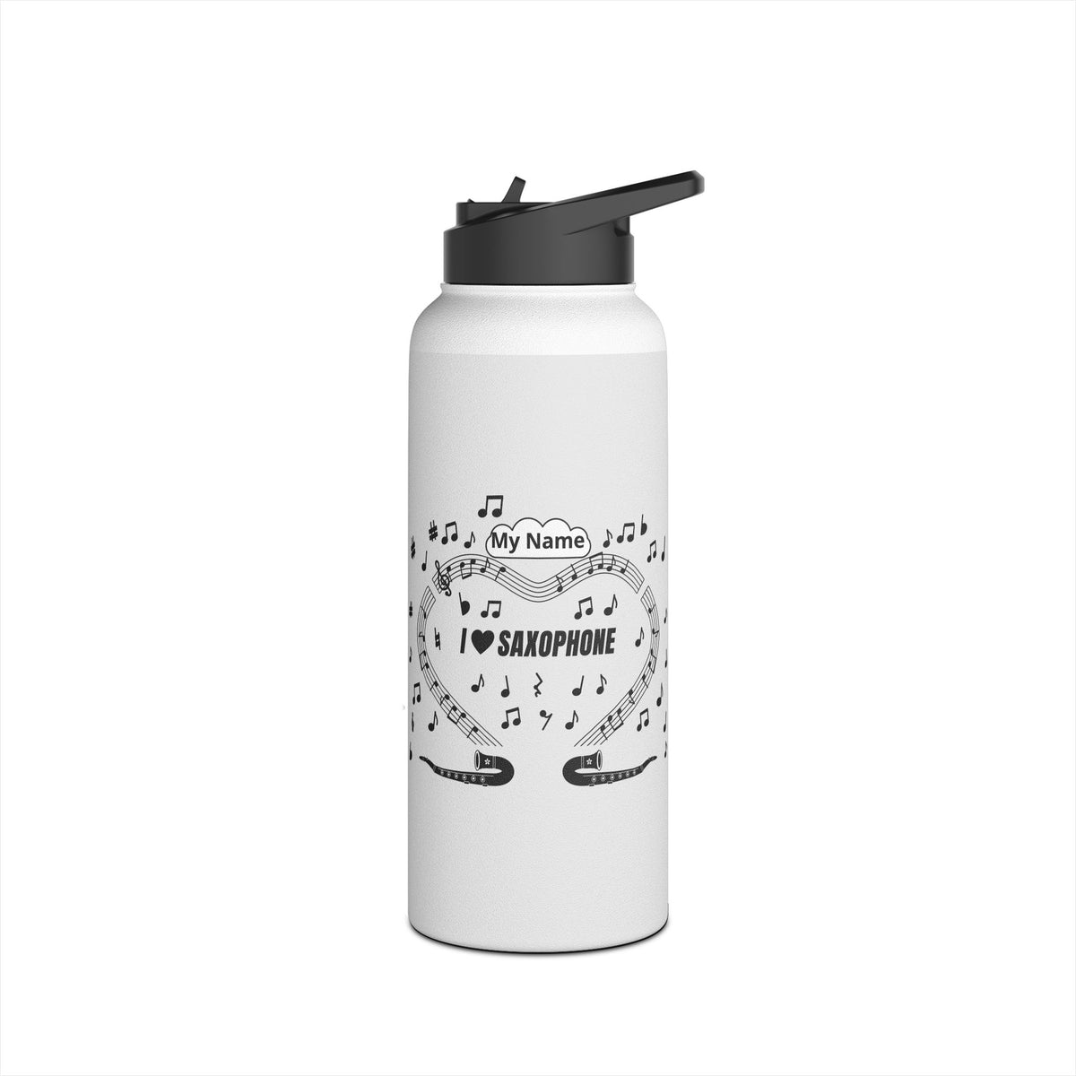 Music-themed Stainless Steel Water Bottle, Standard Lid: 'I love saxophone' - black on white