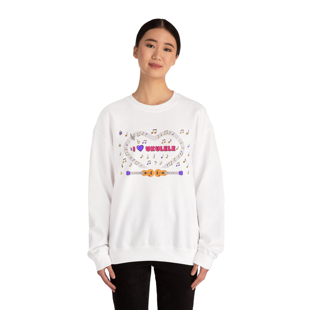 Music-themed Unisex Heavy Blend Crewneck Sweatshirt: 'I love ukulele' - pink