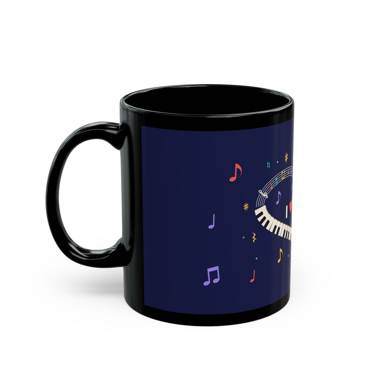 Music-themed Black Mug (11oz, 15oz): 'I love piano' heart - navy