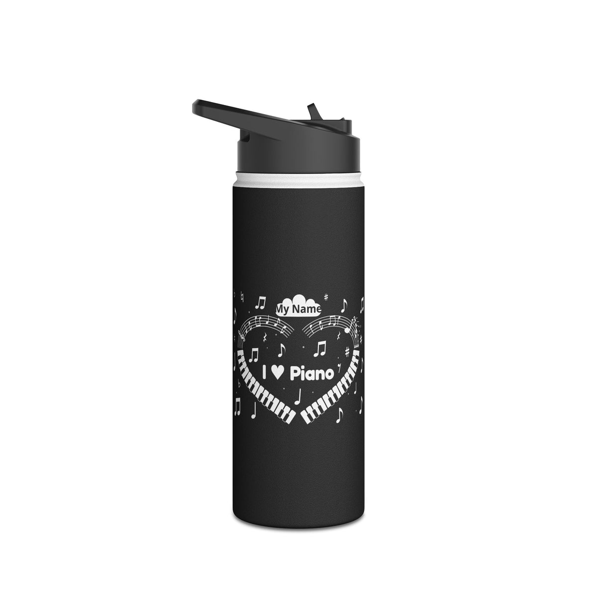 Music-themed Stainless Steel Water Bottle, Standard Lid: 'I love piano' heart - black & white