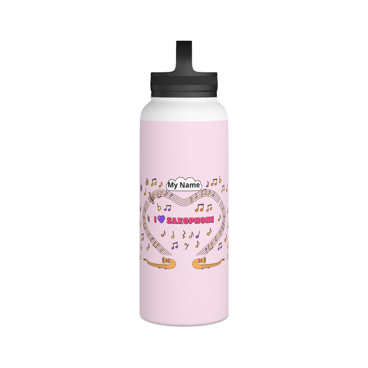 Music-themed Stainless Steel Water Bottle, Handle Lid: 'I love saxophone' - pink