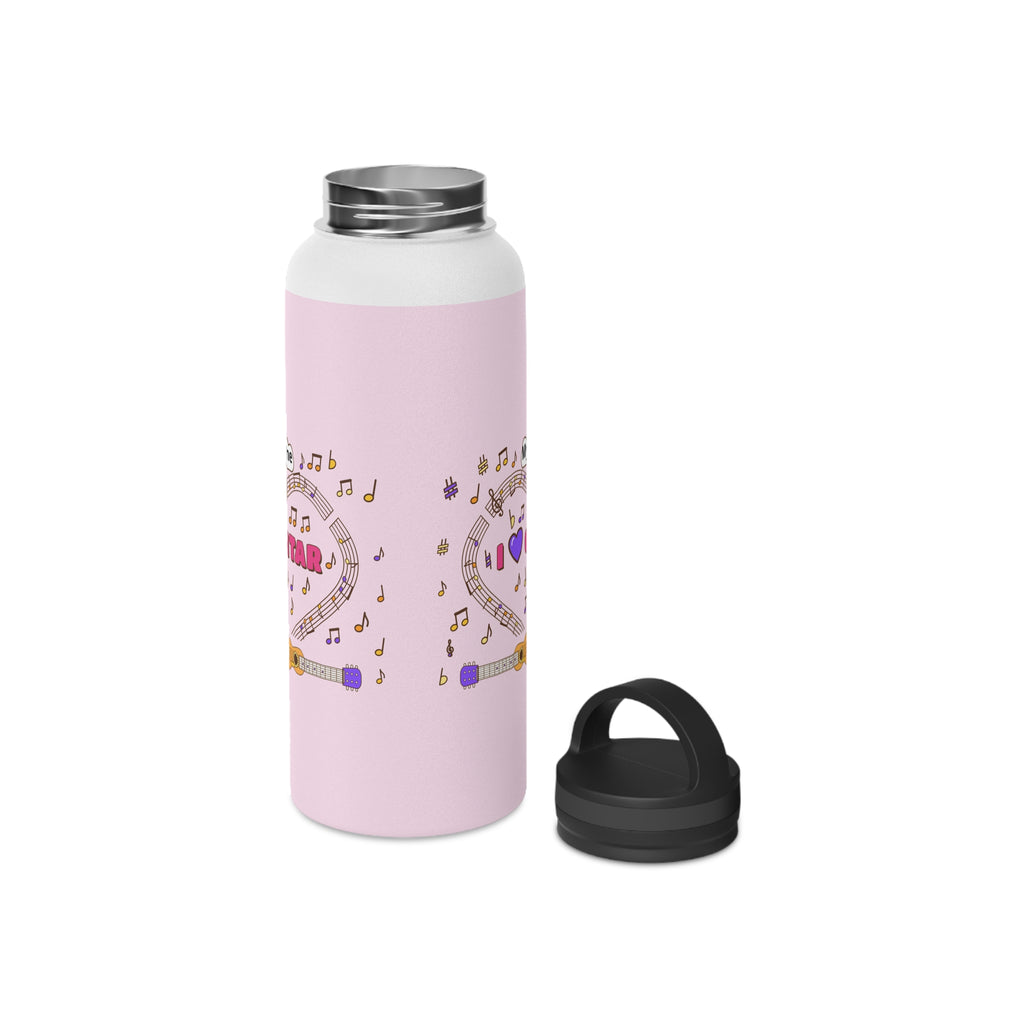 Music-themed Stainless Steel Water Bottle, Handle Lid: 'I love guitar' - pink