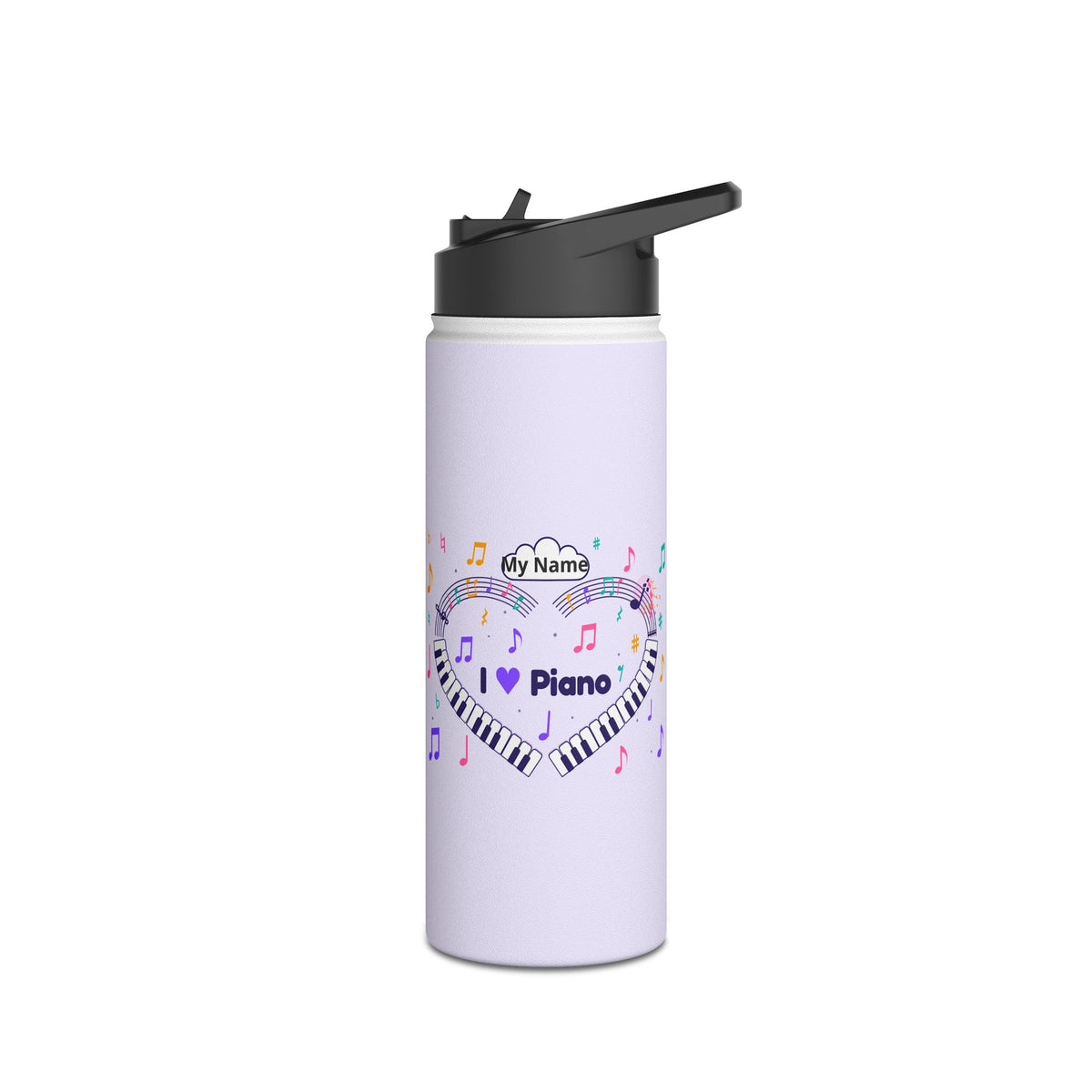 Music-themed Stainless Steel Water Bottle, Standard Lid: 'I love piano' heart - violet