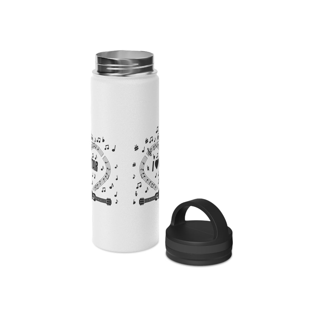 Music-themed Stainless Steel Water Bottle, Handle Lid: 'I love guitar' - black on white
