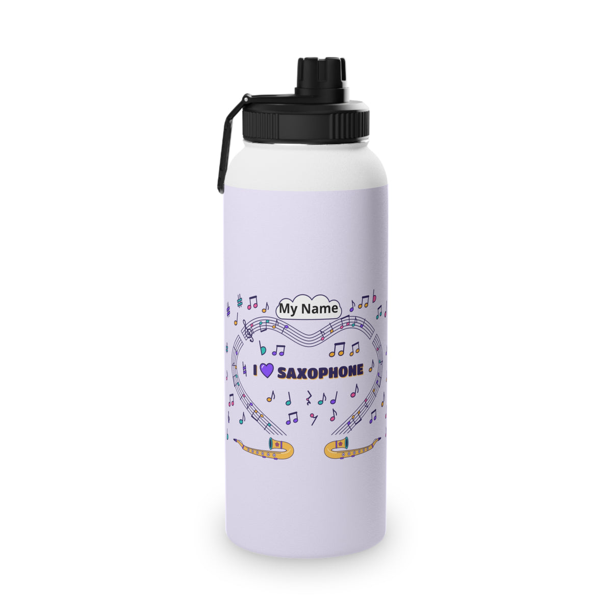 Music-themed Stainless Steel Water Bottle, Sports Lid: 'I love saxophone' - violet