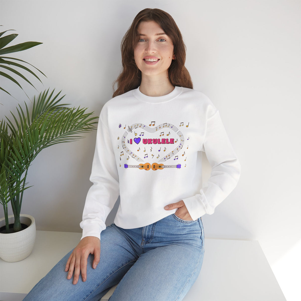 Music-themed Unisex Heavy Blend Crewneck Sweatshirt: 'I love ukulele' - pink