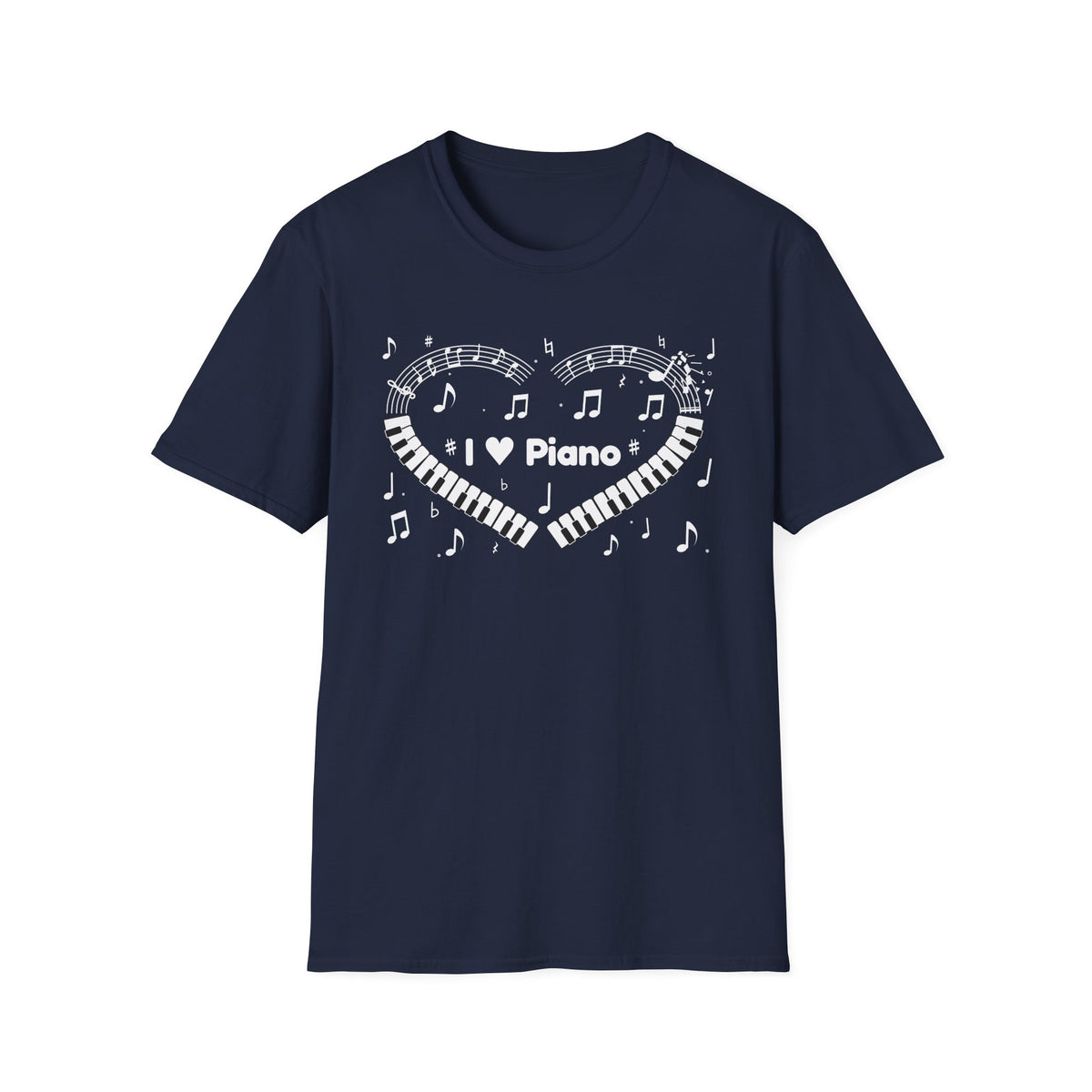 Music-themed Unisex Softstyle T-Shirt: 'I love piano' heart - black & white
