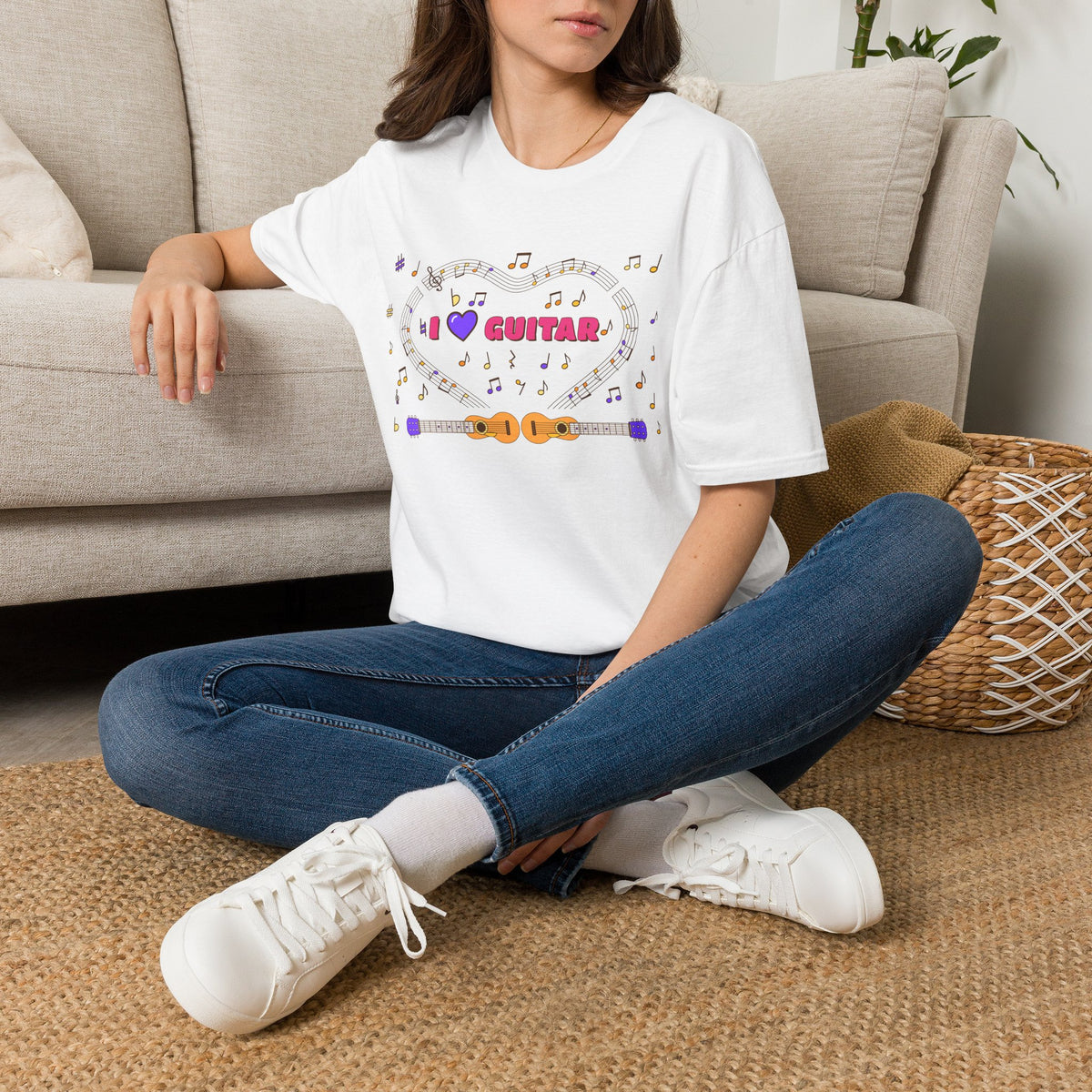 Music-themed Unisex Softstyle T-Shirt: 'I love guitar' - pink