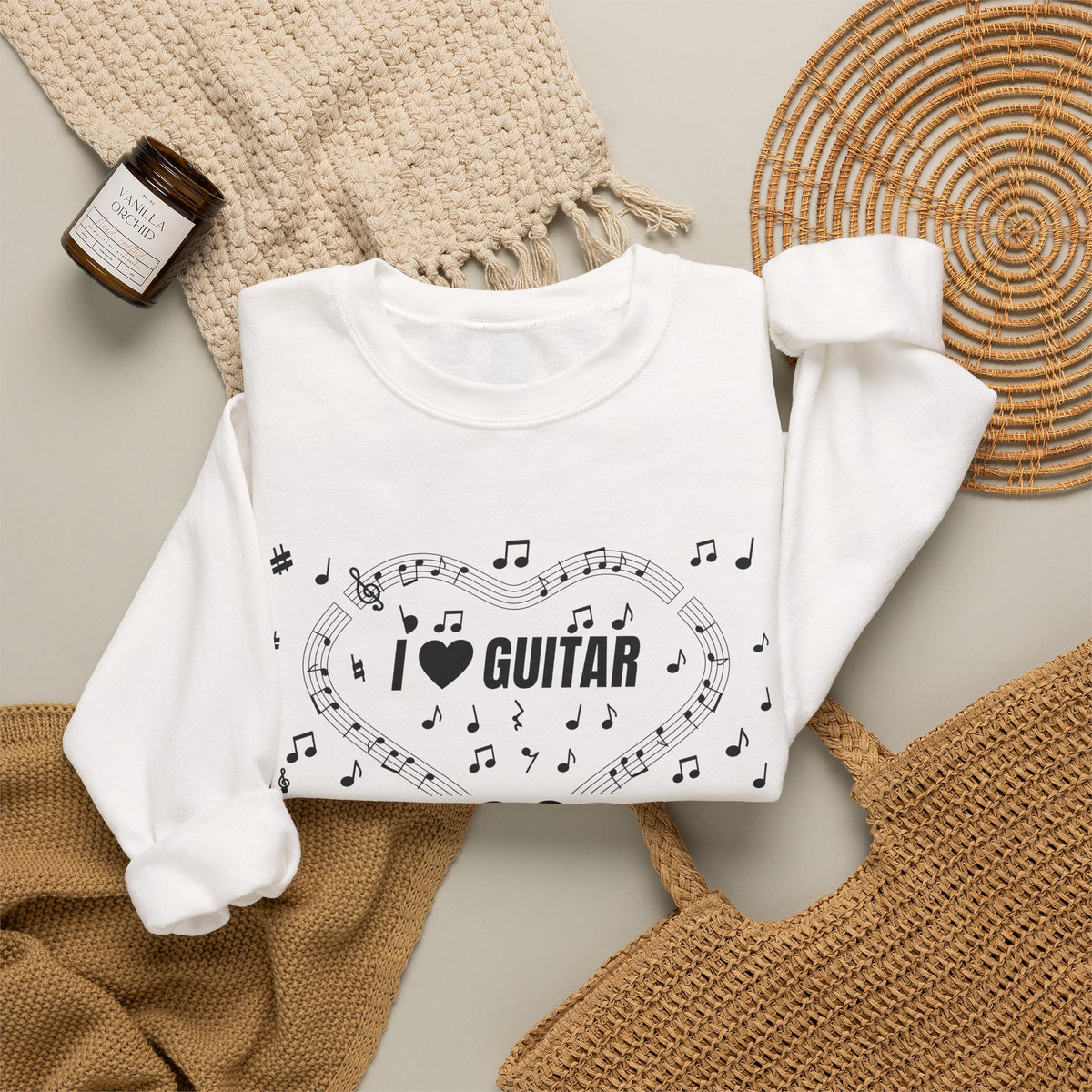 Music-themed Unisex Heavy Blend Crewneck Sweatshirt: 'I love guitar' - black on white