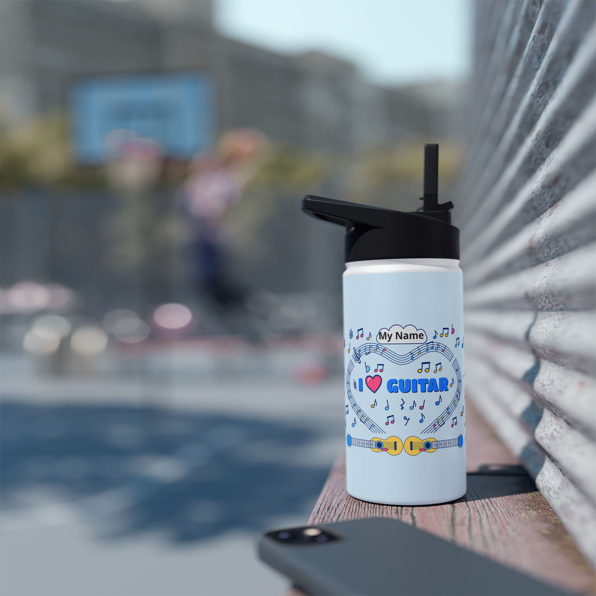 Music-themed Stainless Steel Water Bottle, Standard Lid: 'I love guitar' - blue