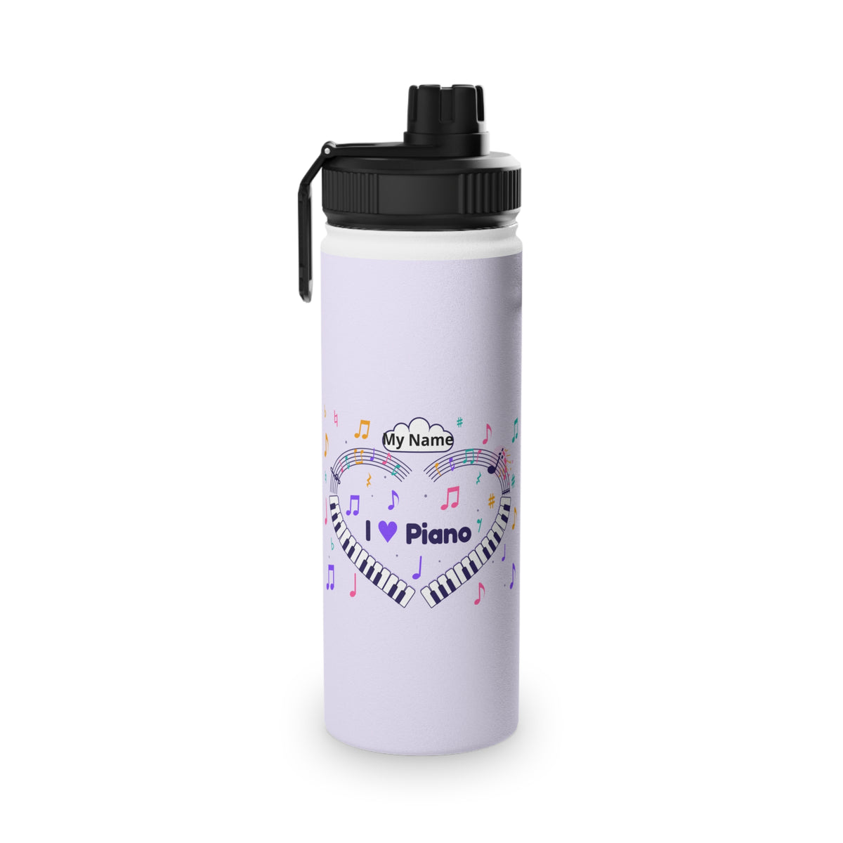 Music-themed Stainless Steel Water Bottle, Sports Lid: 'I love piano' heart - violet