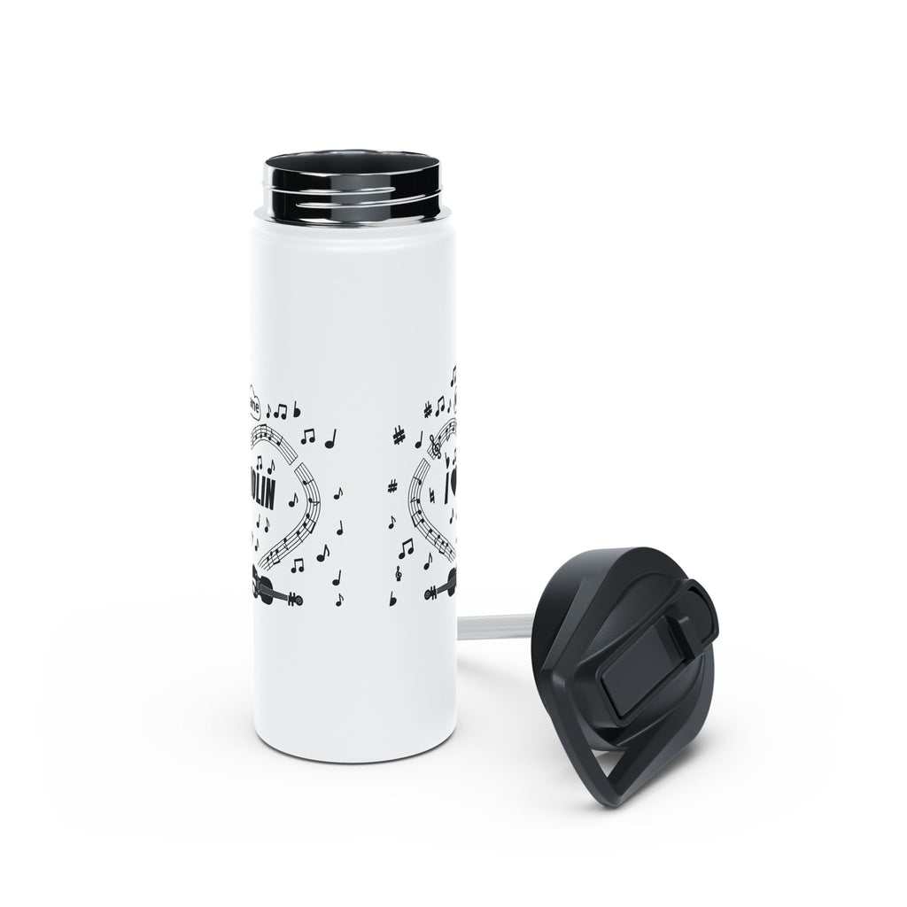 Music-themed Stainless Steel Water Bottle, Standard Lid: 'I love violin' - black on white
