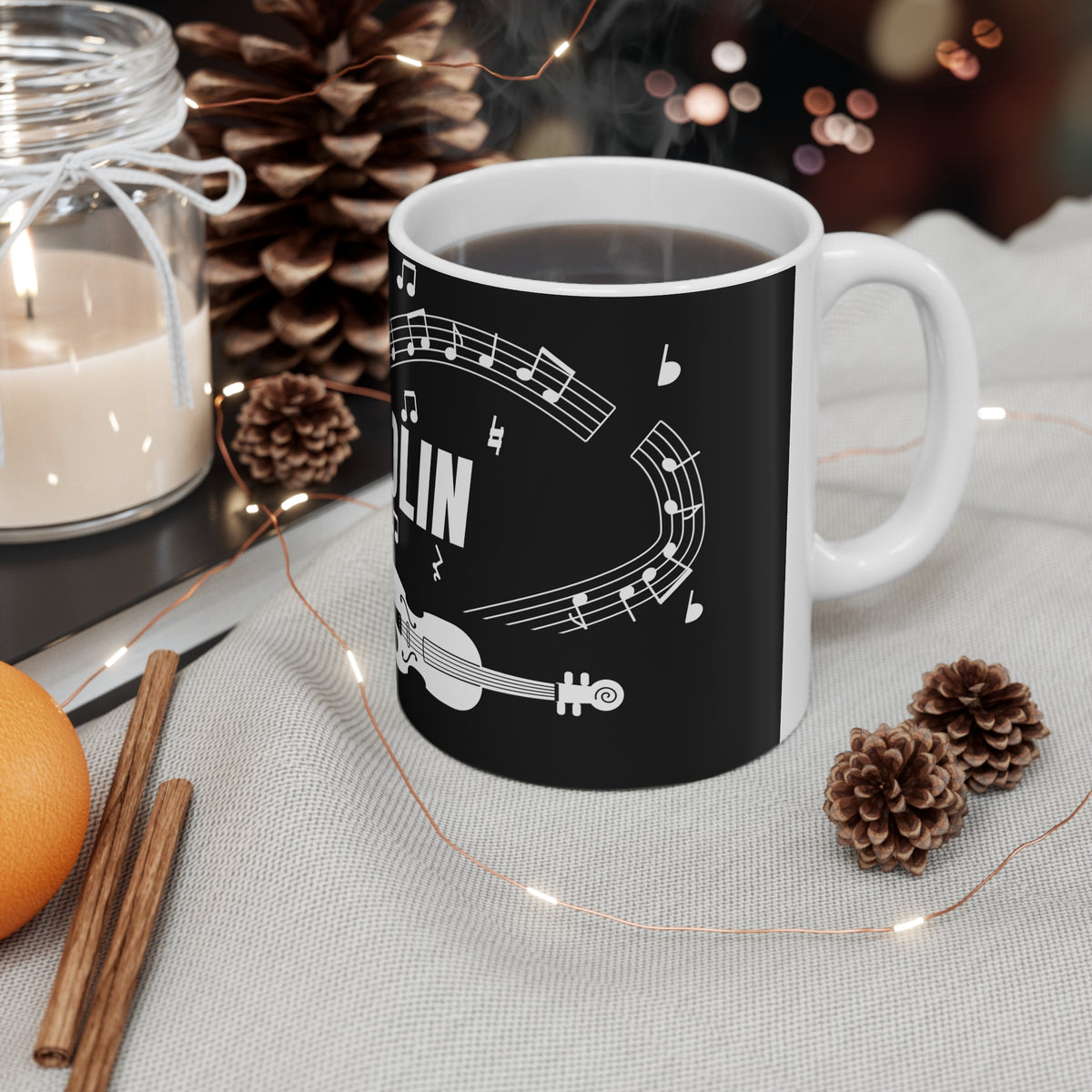 Music-themed Ceramic Mug, 11oz, 15oz: 'I love violin' - black & white