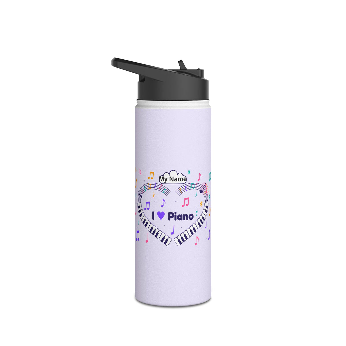 Music-themed Stainless Steel Water Bottle, Standard Lid: 'I love piano' heart - violet