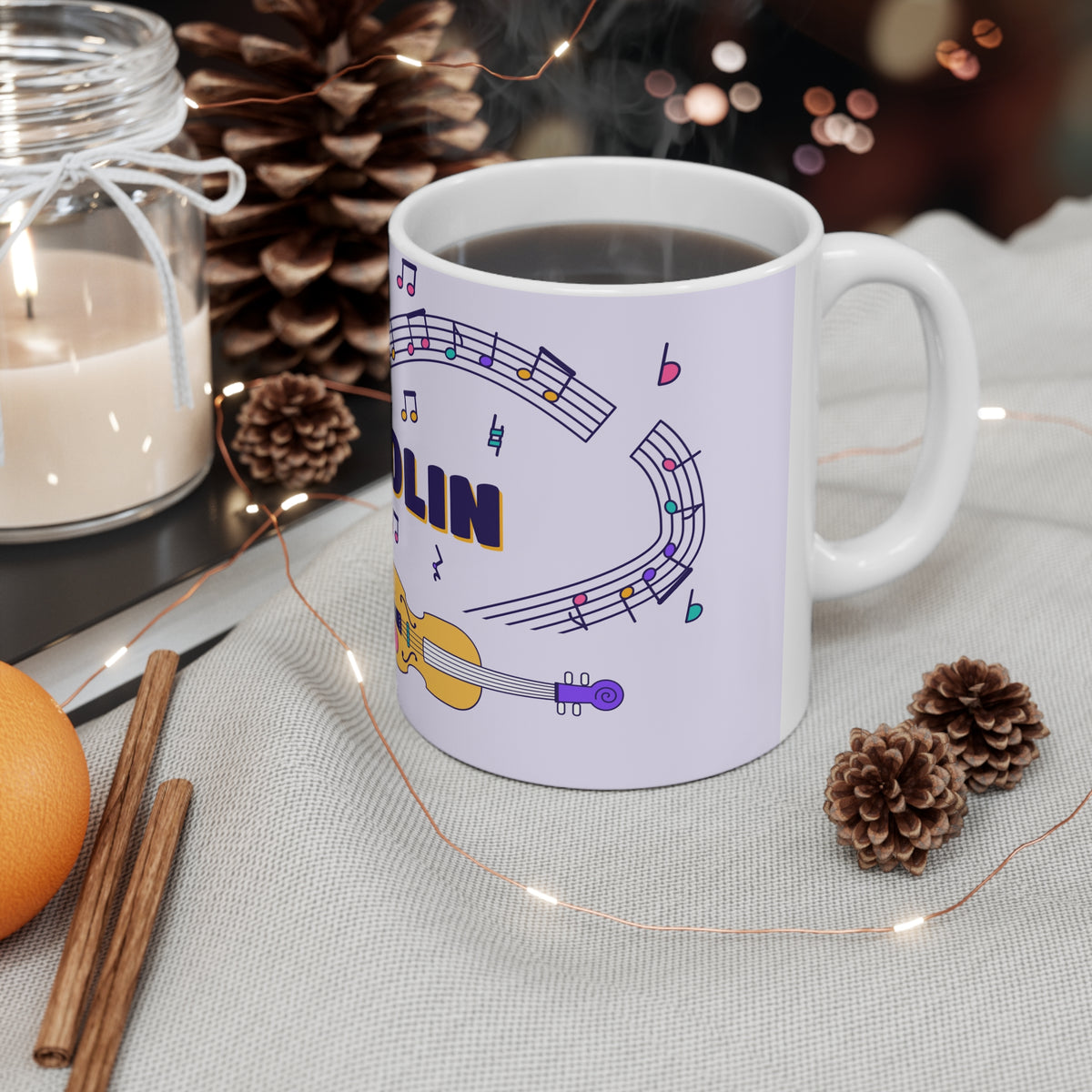 Music-themed Ceramic Mug, 11oz, 15oz: 'I love violin' - violet