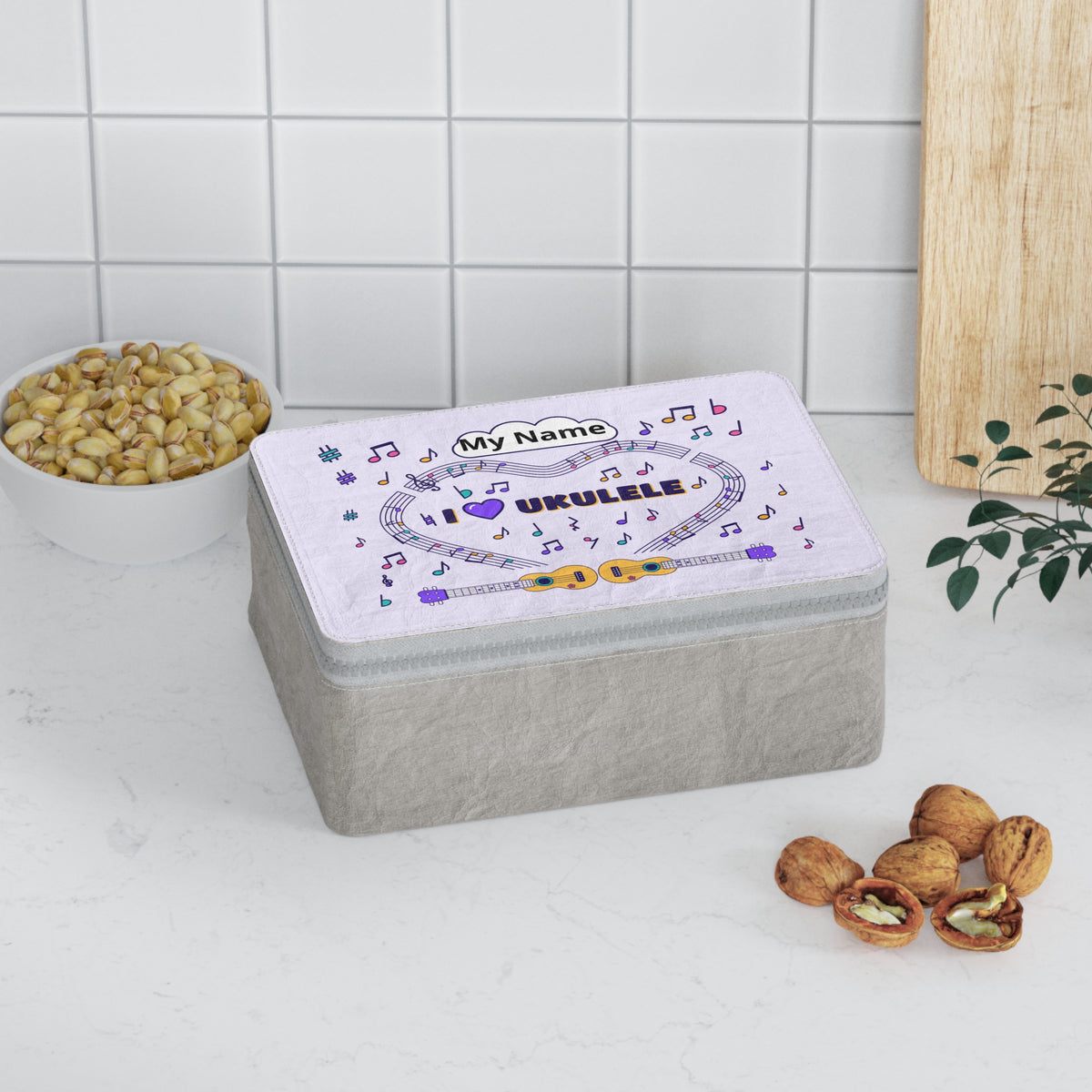 Music-themed Paper Lunch Bag: 'I love ukulele' - violet