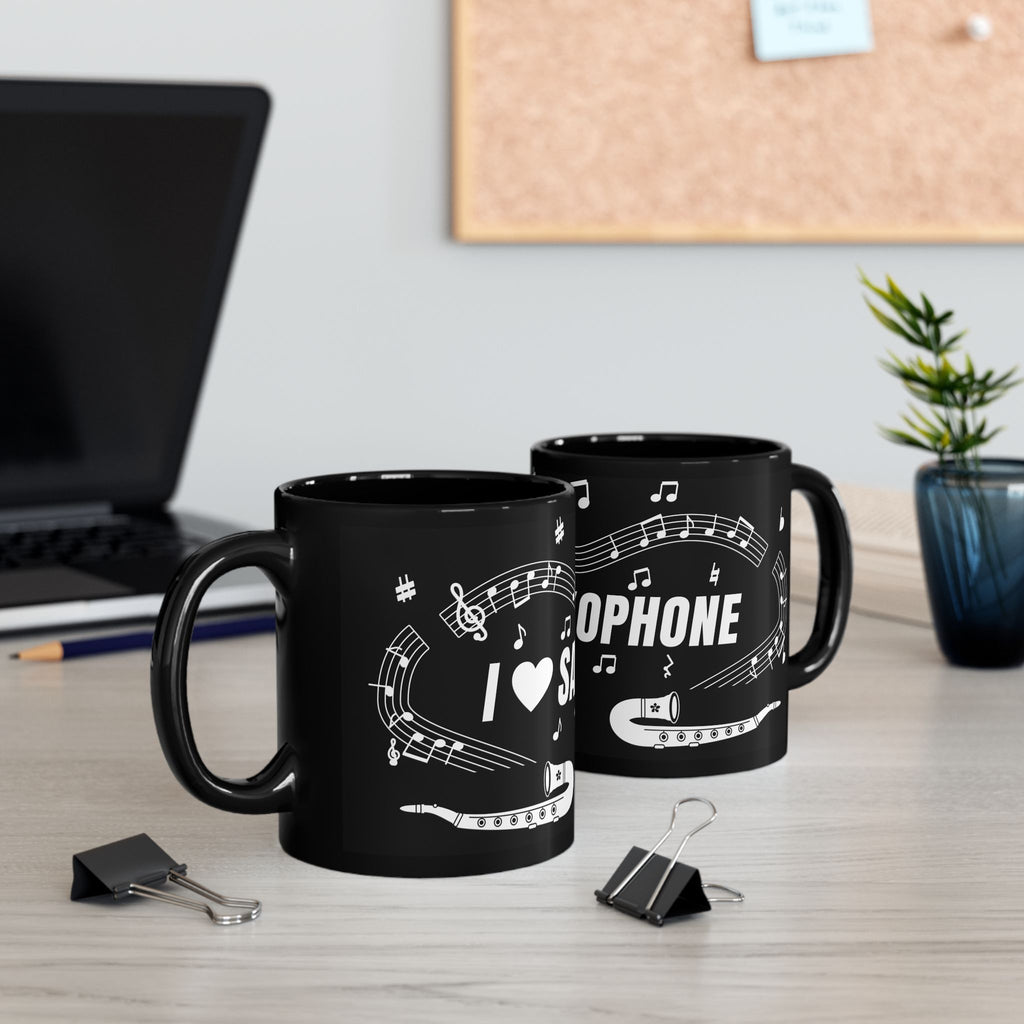 Music-themed Black Mug (11oz, 15oz): 'I love saxophone' - black & white