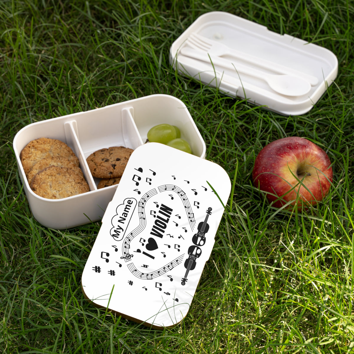 Music-themed Bento Lunch Box: 'I love violin' - black on white