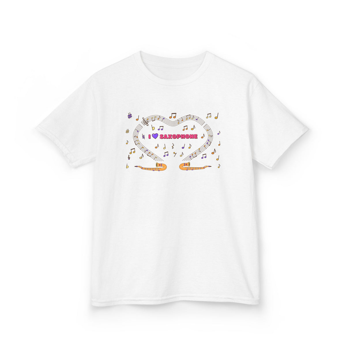 Music-themed Kids Heavy Cotton Tee: 'I love saxophone' - pink