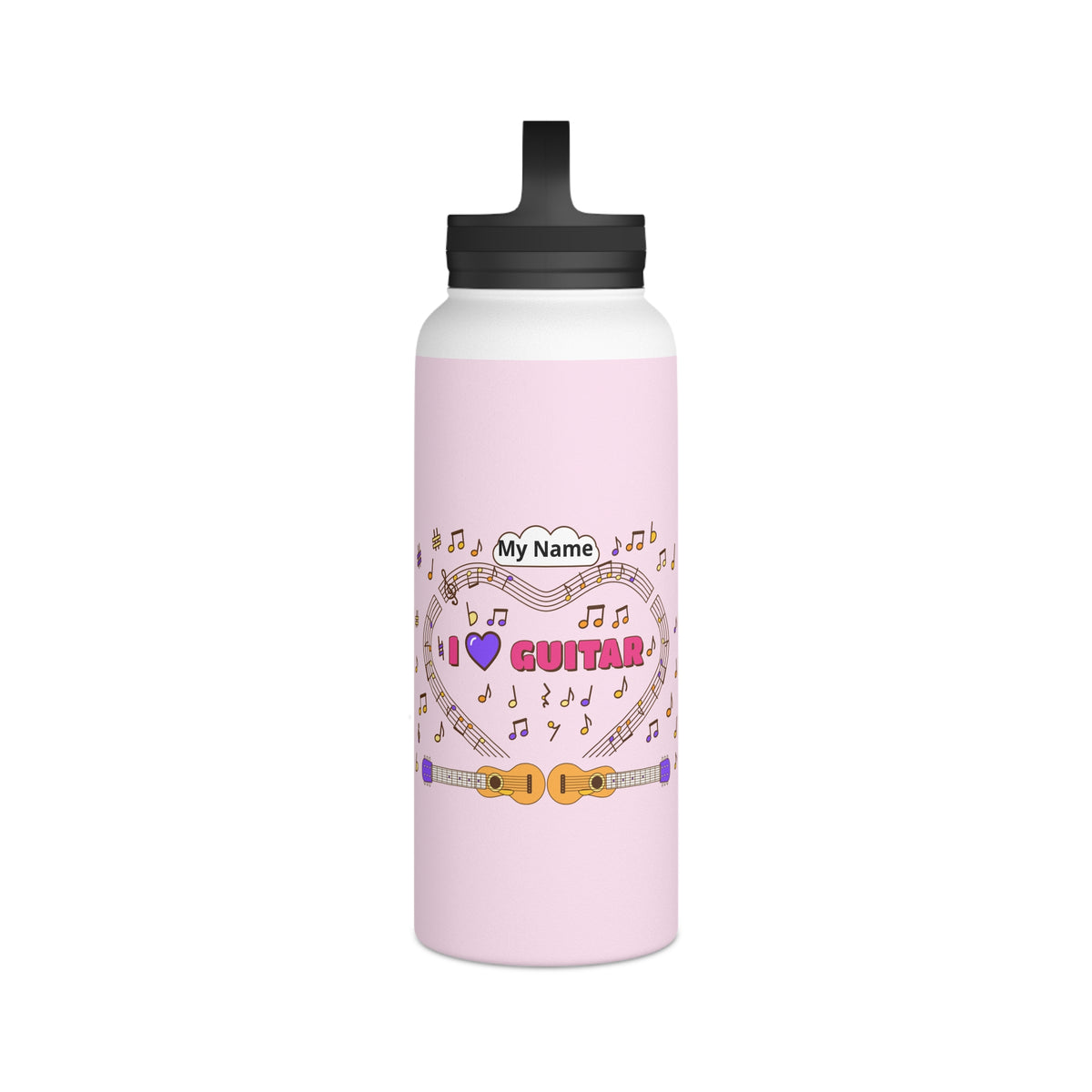 Music-themed Stainless Steel Water Bottle, Handle Lid: 'I love guitar' - pink