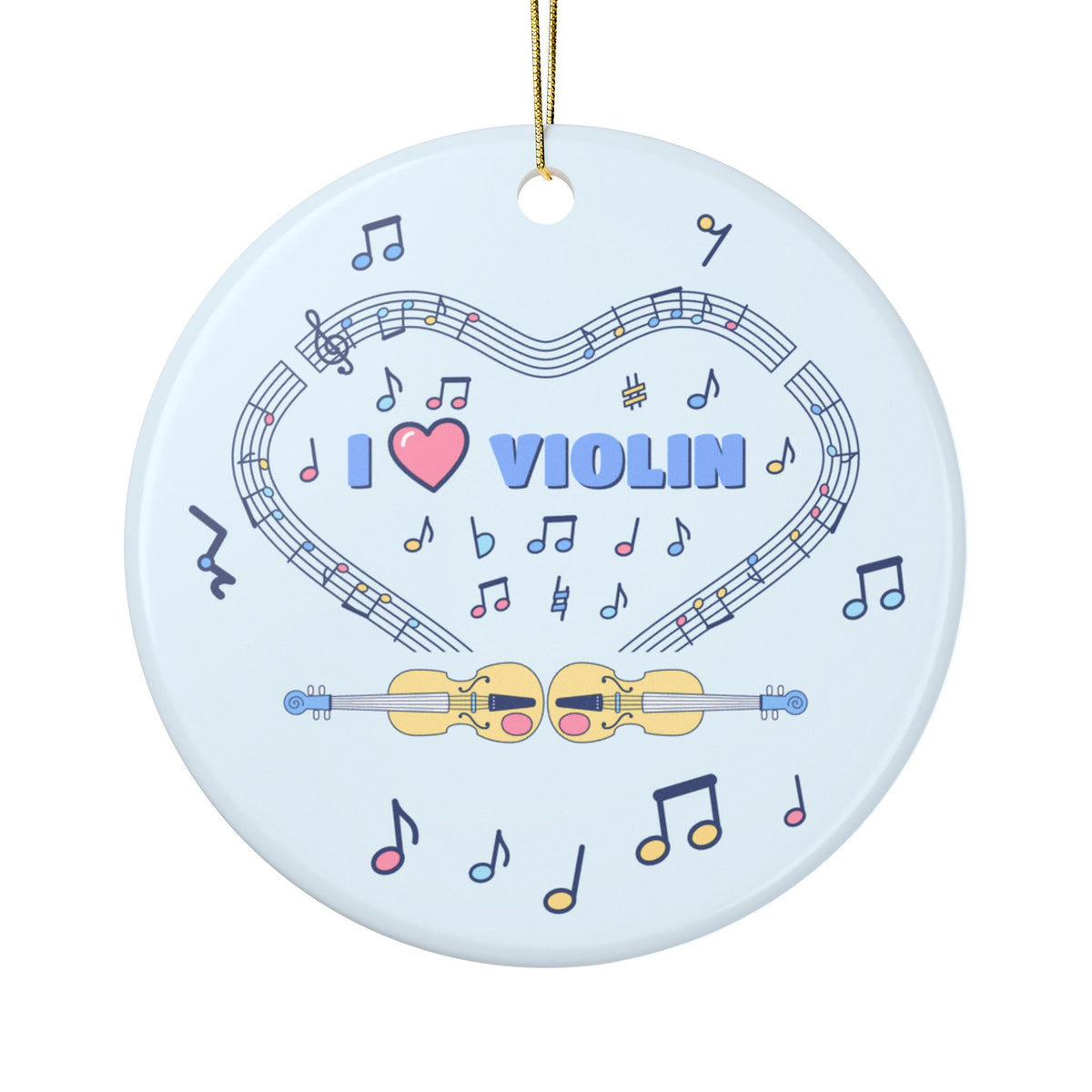 Music-themed Ceramic Ornaments, 2-Side Print: 'I love violin' - blue