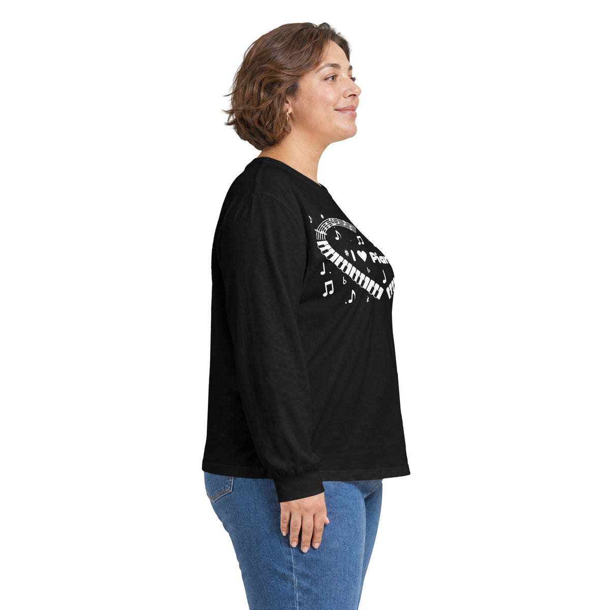 Music-themed Unisex Ultra Cotton Long Sleeve Tee: 'I love piano' heart - black & white
