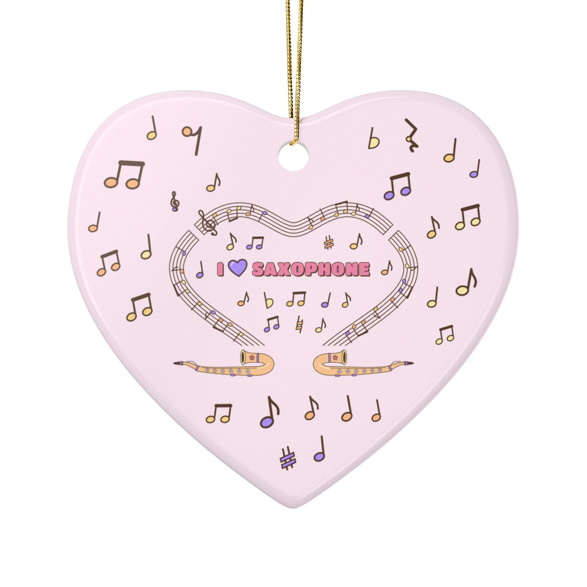 Music-themed Ceramic Ornaments, 1-Side Print: 'I love saxophone' - pink