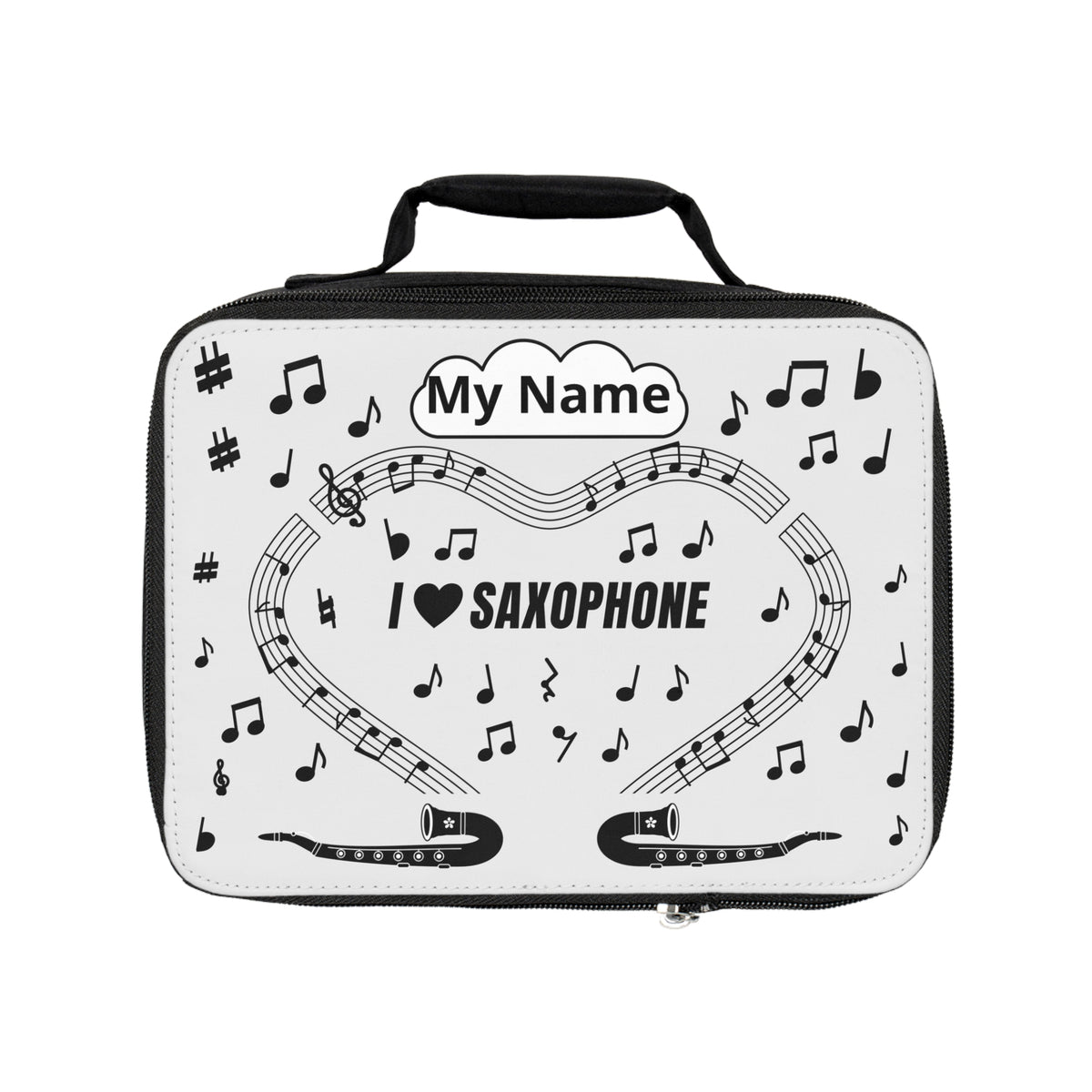 Music-themed Lunch Bag: 'I love saxophone' - black on white