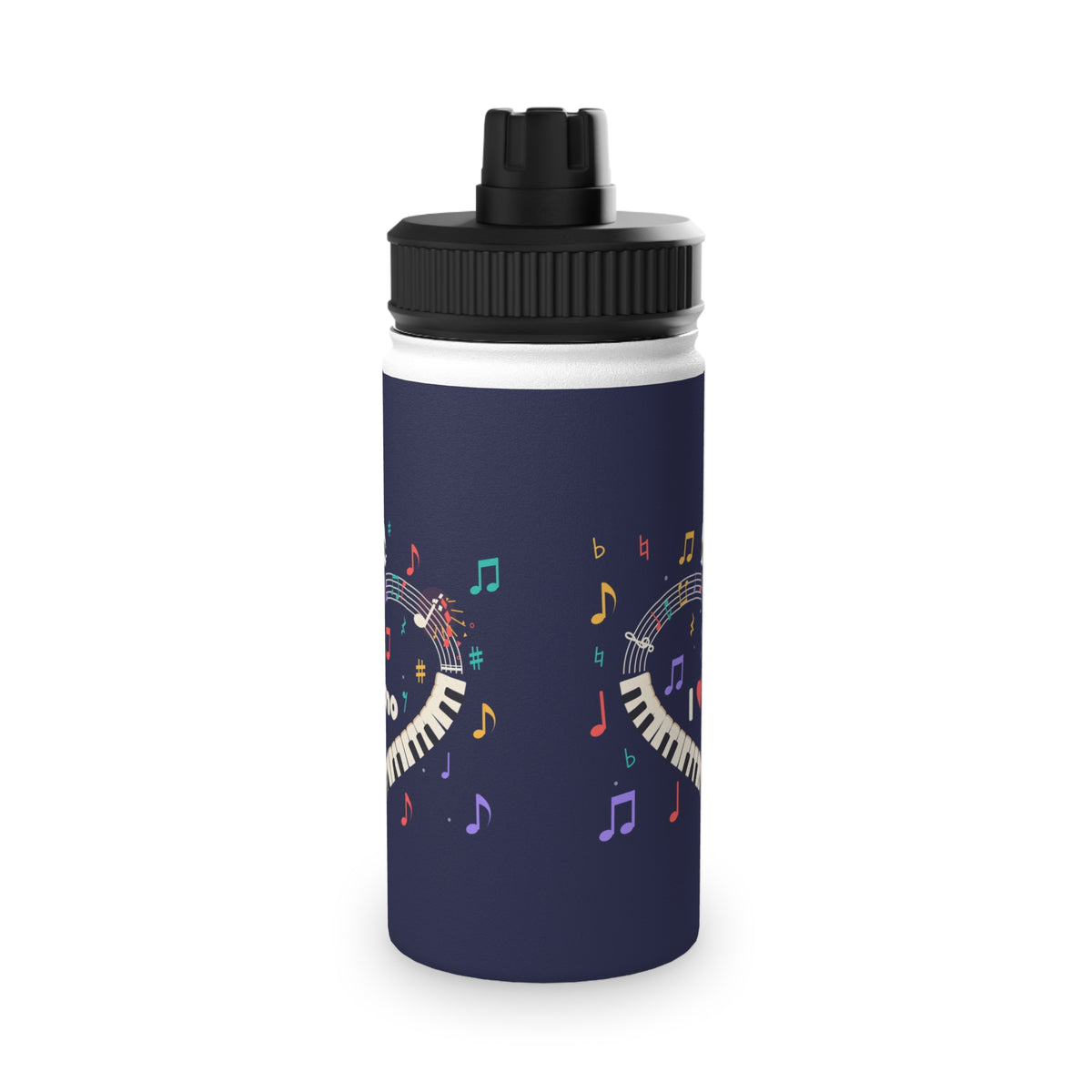 Music-themed Stainless Steel Water Bottle, Sports Lid: 'I love piano' heart - navy