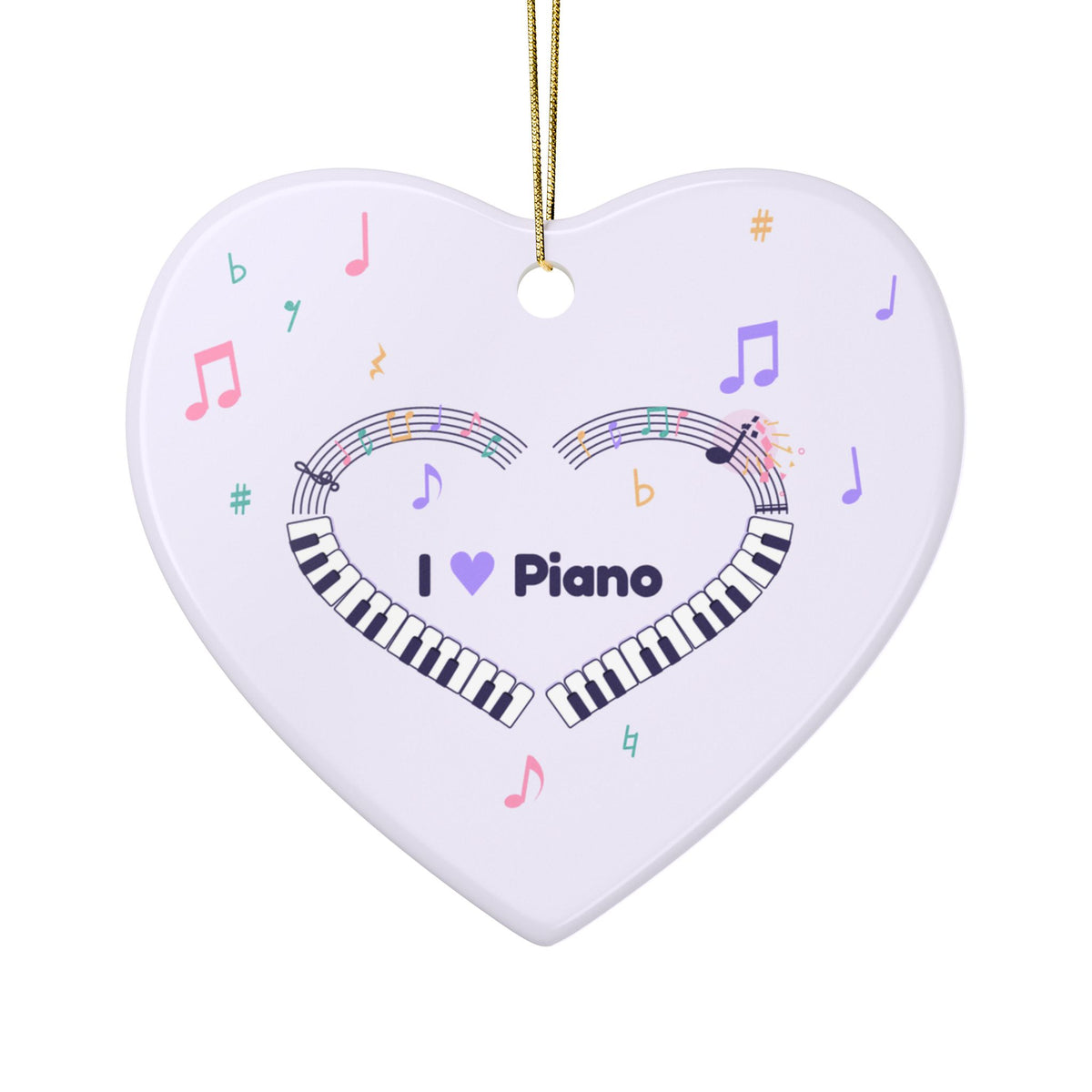 Music-themed Ceramic Ornaments, 2-Side Print: 'I love piano' heart - violet
