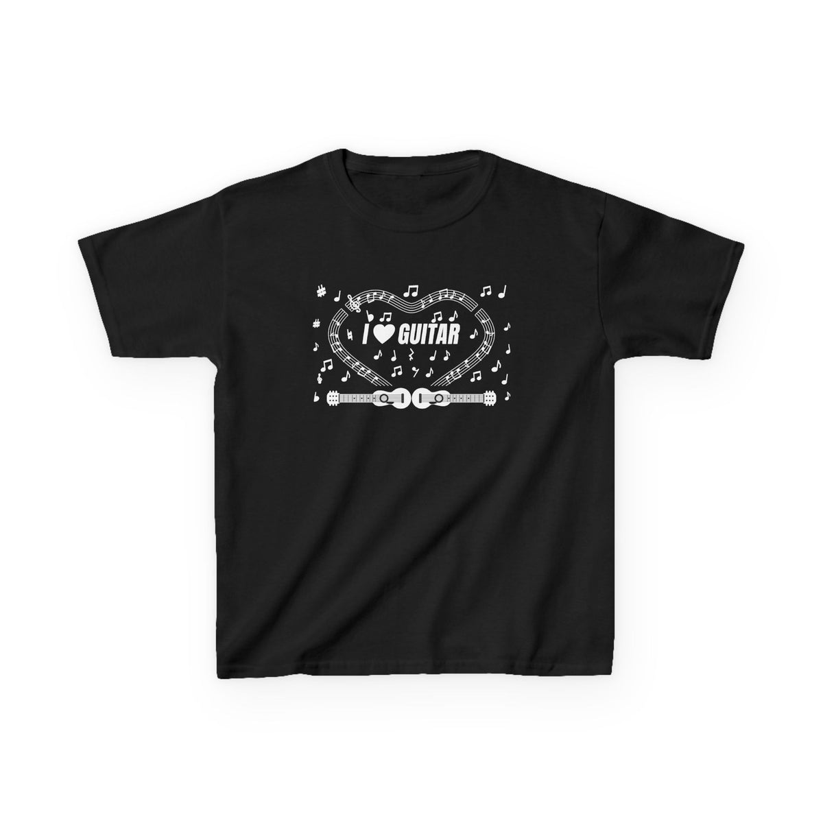 Music-themed Kids Heavy Cotton Tee: 'I love guitar' - black & white