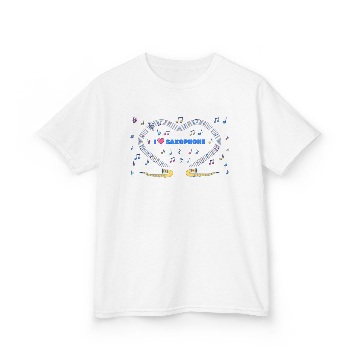Music-themed Kids Heavy Cotton Tee: 'I love saxophone' - blue