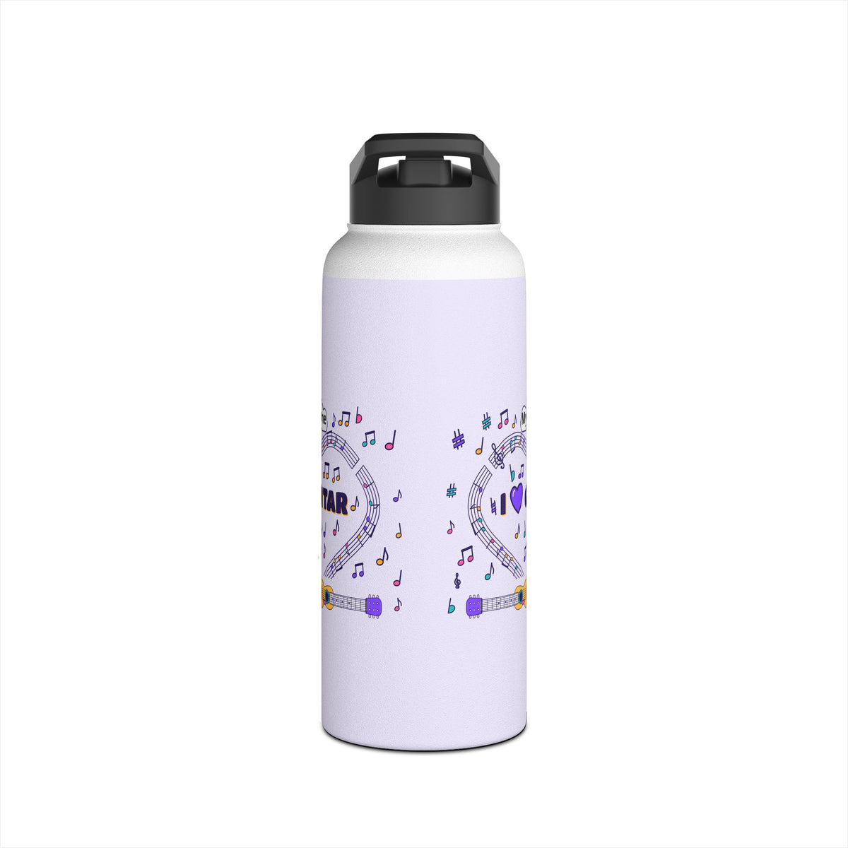 Music-themed Stainless Steel Water Bottle, Standard Lid: 'I love guitar' - violet