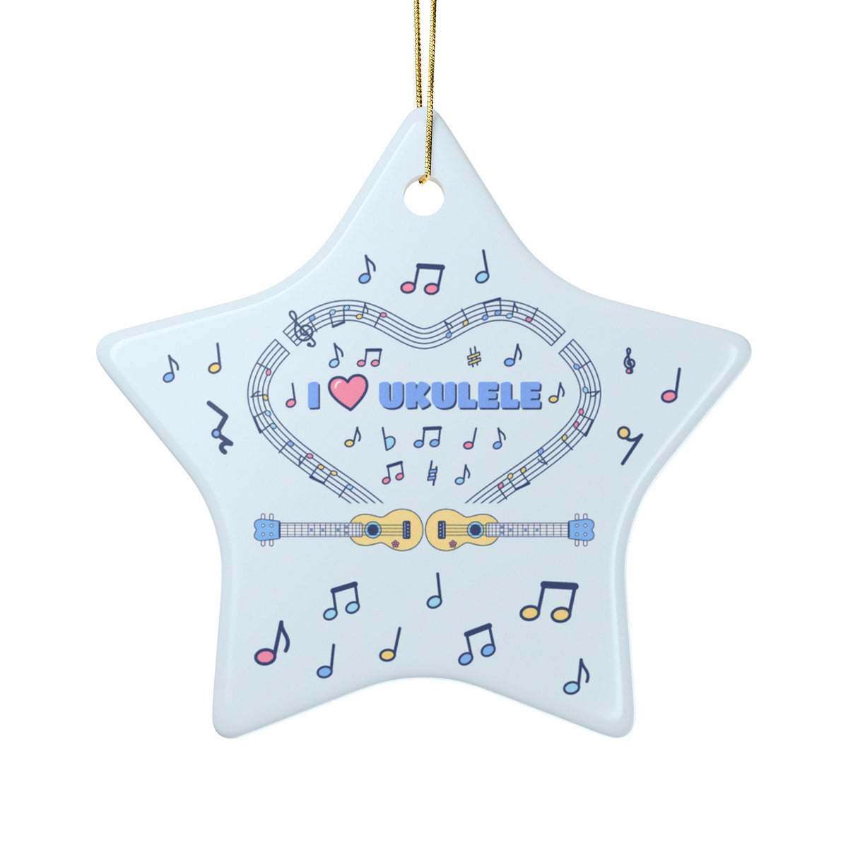 Music-themed Ceramic Ornaments, 1-Side Print: 'I love ukulele' - blue
