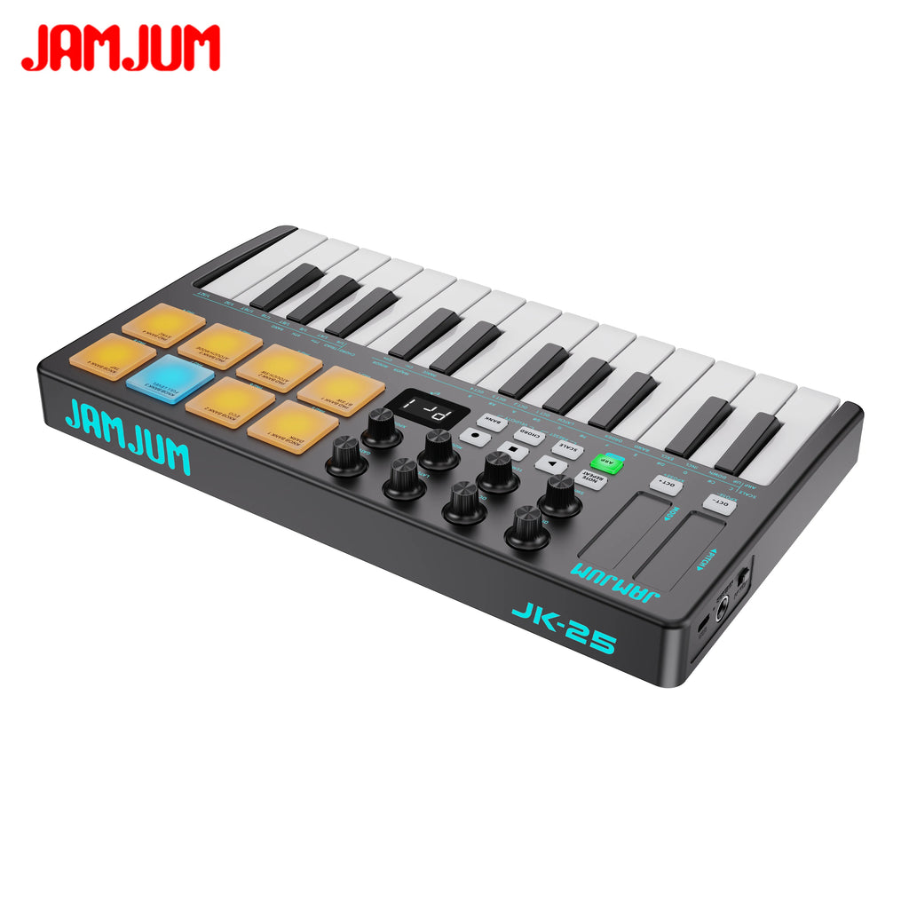 JAMJUM 25 KEY Midi Keyboard with A Wireless Midi Receiver Customized 8 RGB Backlit Pad Compact Portable Rechargeable Battery
