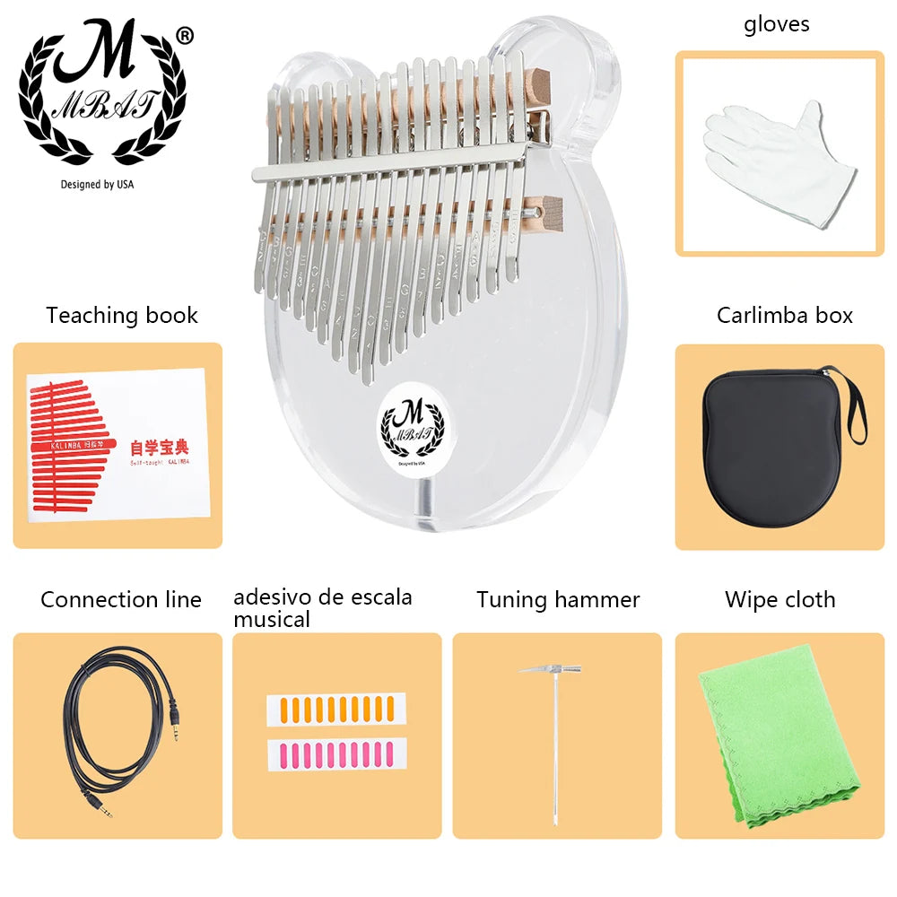 M MBAT 17 Key Acrylic Kalimba Thumb Piano Musical Instrument Gift Transparent Crystal Cartoon Bear Design Connectable Speakers