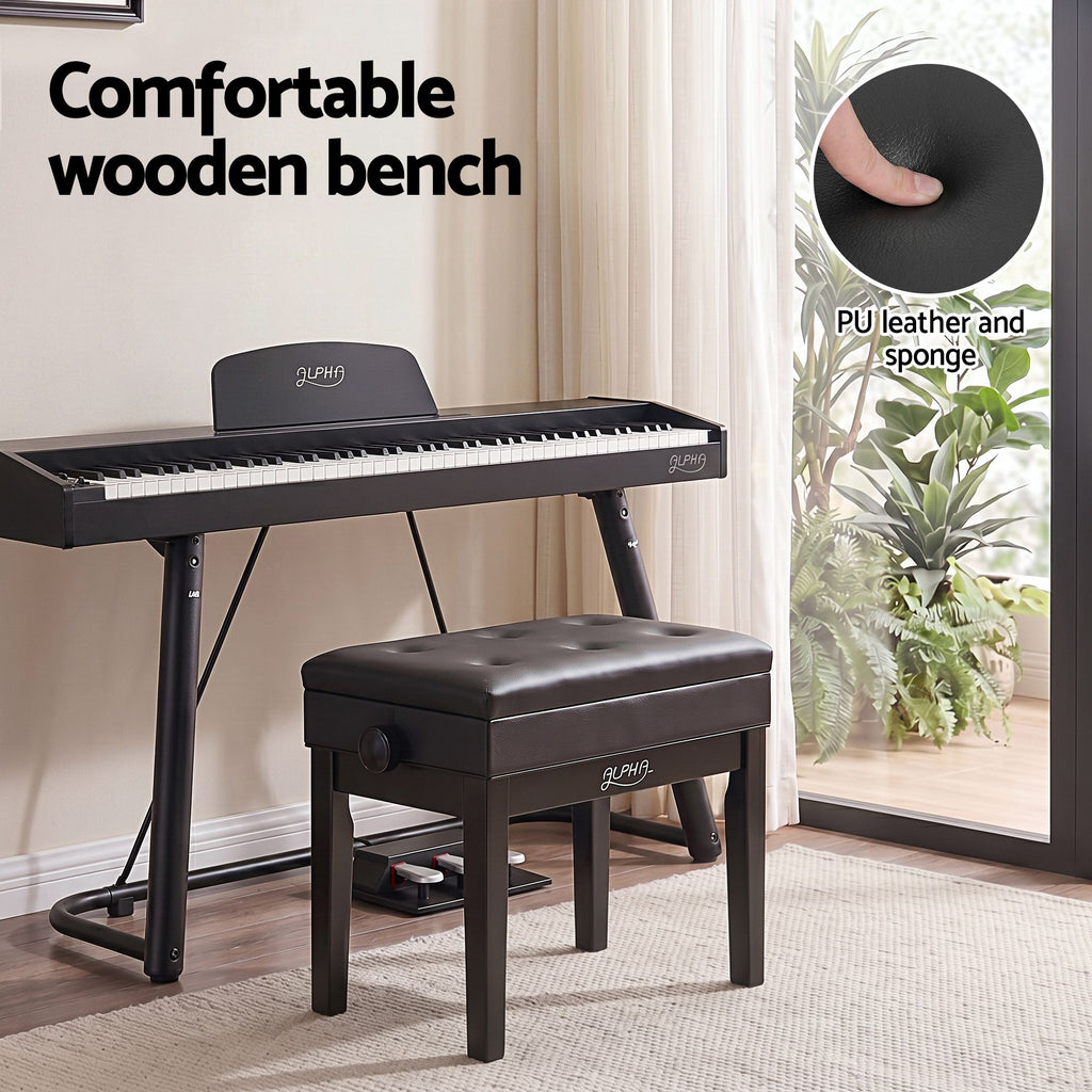 Alpha Adjustable Piano Bench Wooden Keyboard Seat Padded Music Chair Black