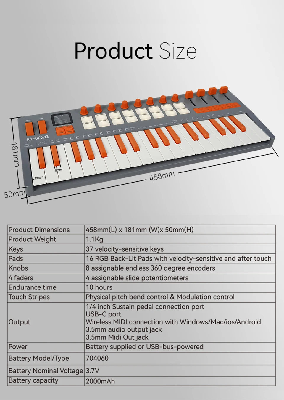 M-VAVE SMK-37 Pro Elite MIDI Controller – 37 Velocity Keys, 8 Knobs, 4 Faders, Arpeggiator, Sequencer, Bluetooth/USB-C