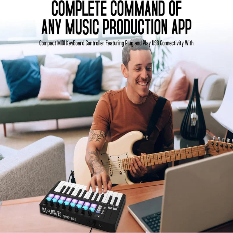 M-VAVE SMK-25 II MIDI Keyboard Controller, 25 Mini Keys 16 RGB Drum Pads 8 Knobs USB with DAW Software for Music Production