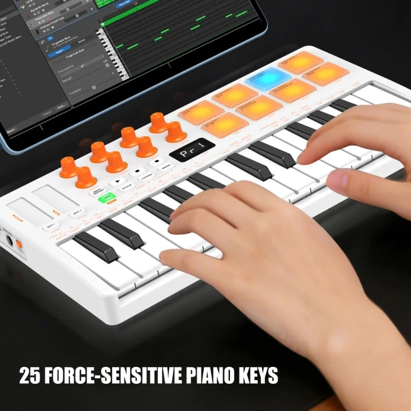 Professional 25 Portable MIDI Controller with Responsive Keys and Colorful Pad Plastic Texture for Various Devices 24BD