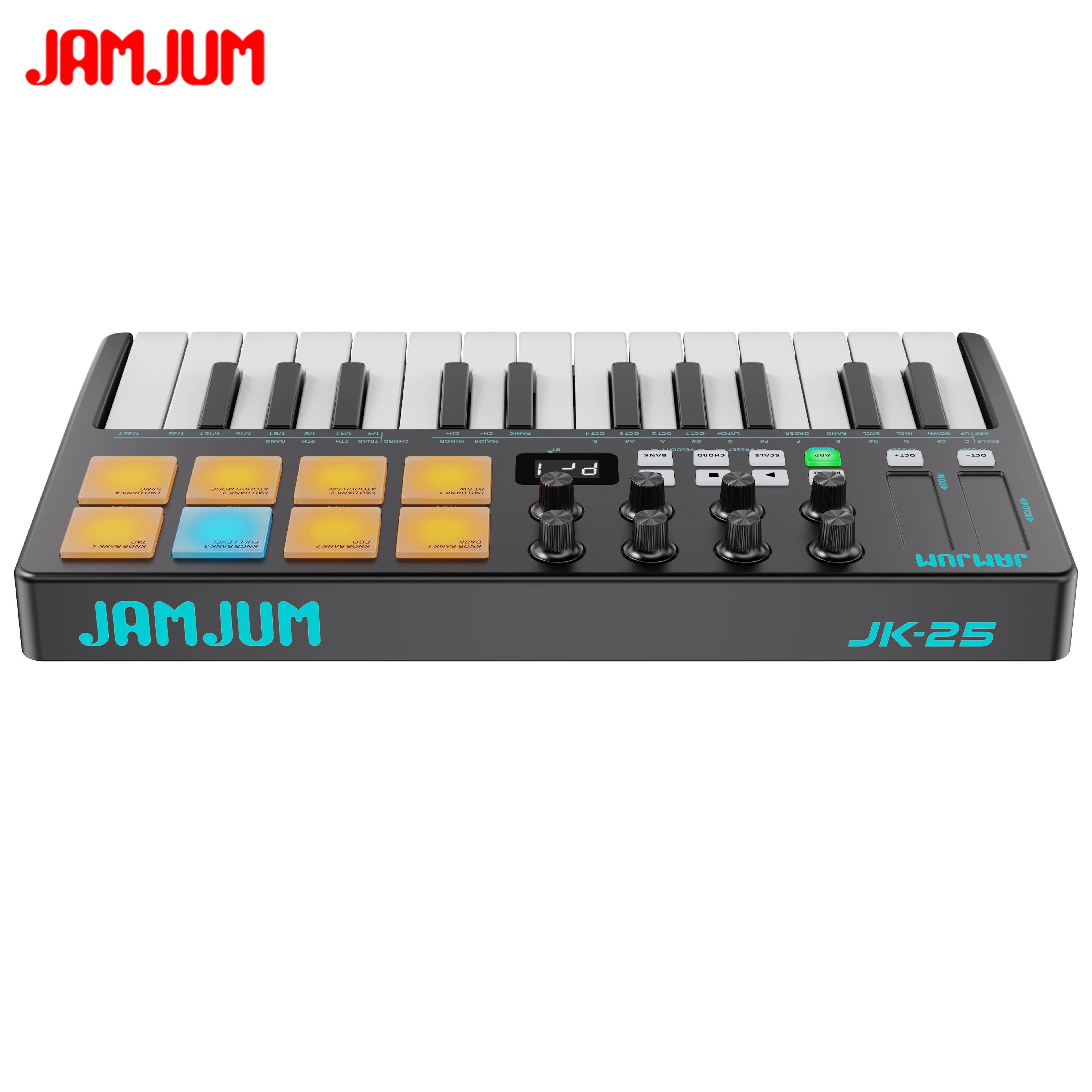 JAMJUM 25 KEY Midi Keyboard with A Wireless Midi Receiver Customized 8 RGB Backlit Pad Compact Portable Rechargeable Battery
