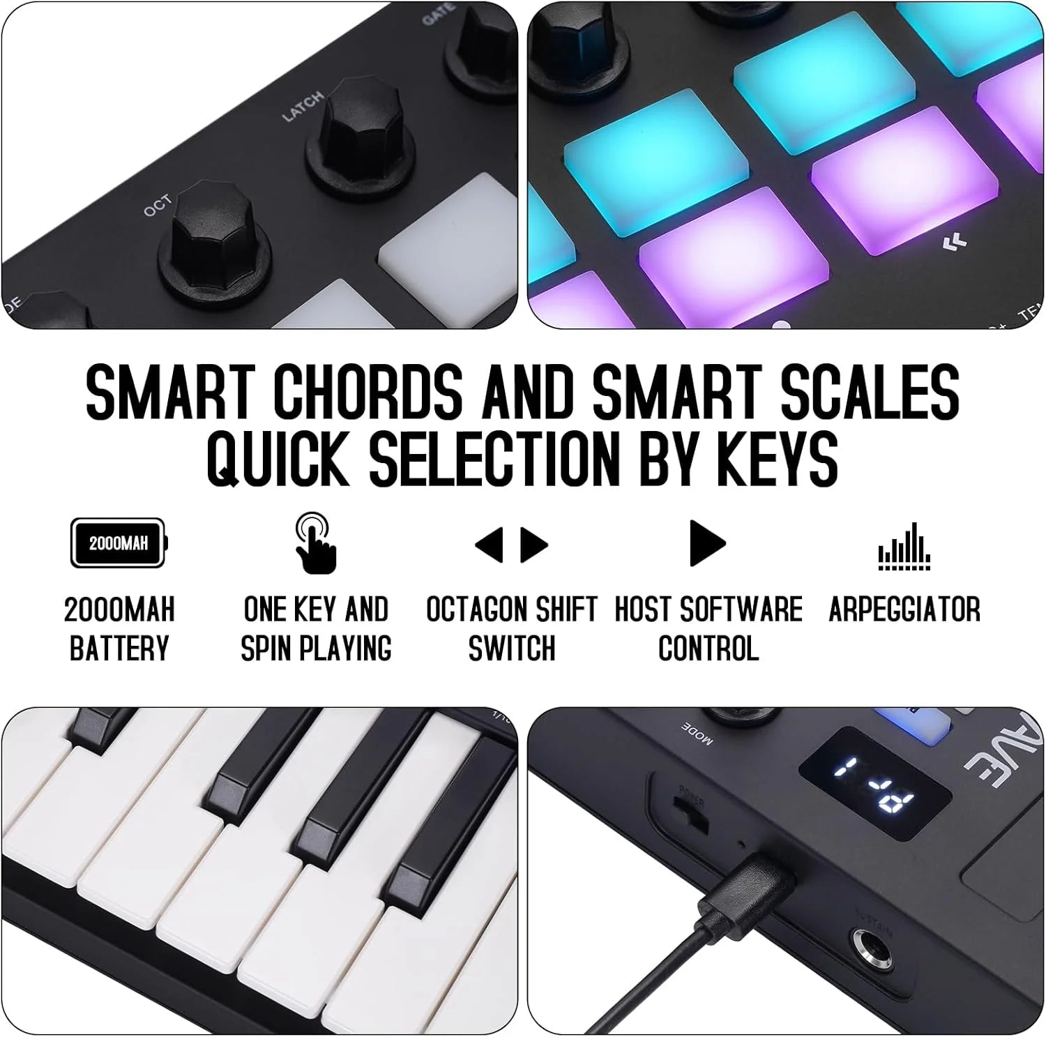 M-VAVE SMK-25 II 25 Key MIDI Controller Keyboard Mini USB 16 RGB Drum Pads 8 Knobs with Music Production Software Included