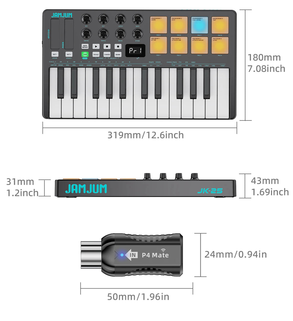 JAMJUM 25 KEY Midi Keyboard with A Wireless Midi Receiver Customized 8 RGB Backlit Pad Compact Portable Rechargeable Battery